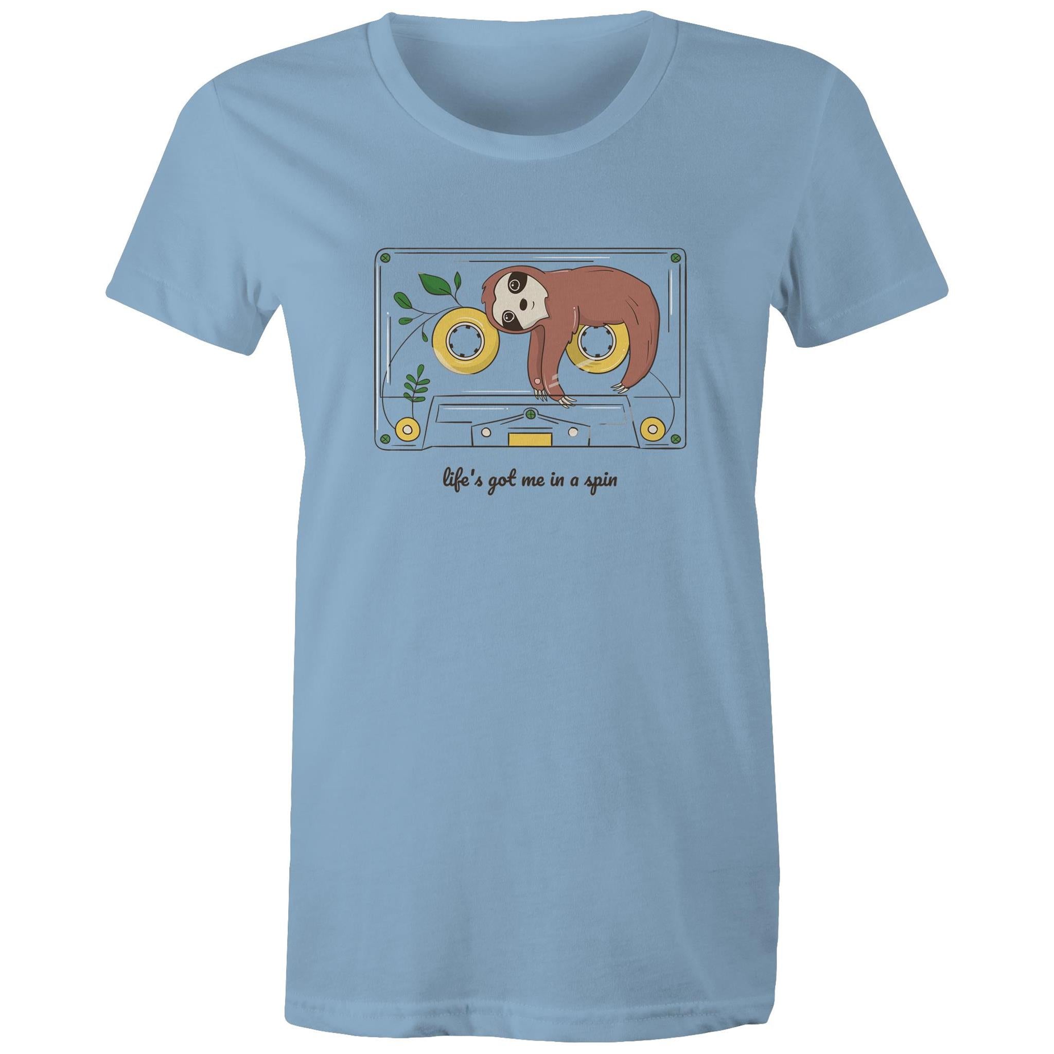 Life's Got Me In A Spin, Sloth, Cassette Tape - Womens T-shirt Carolina Blue Womens T-shirt Music Printed In Australia