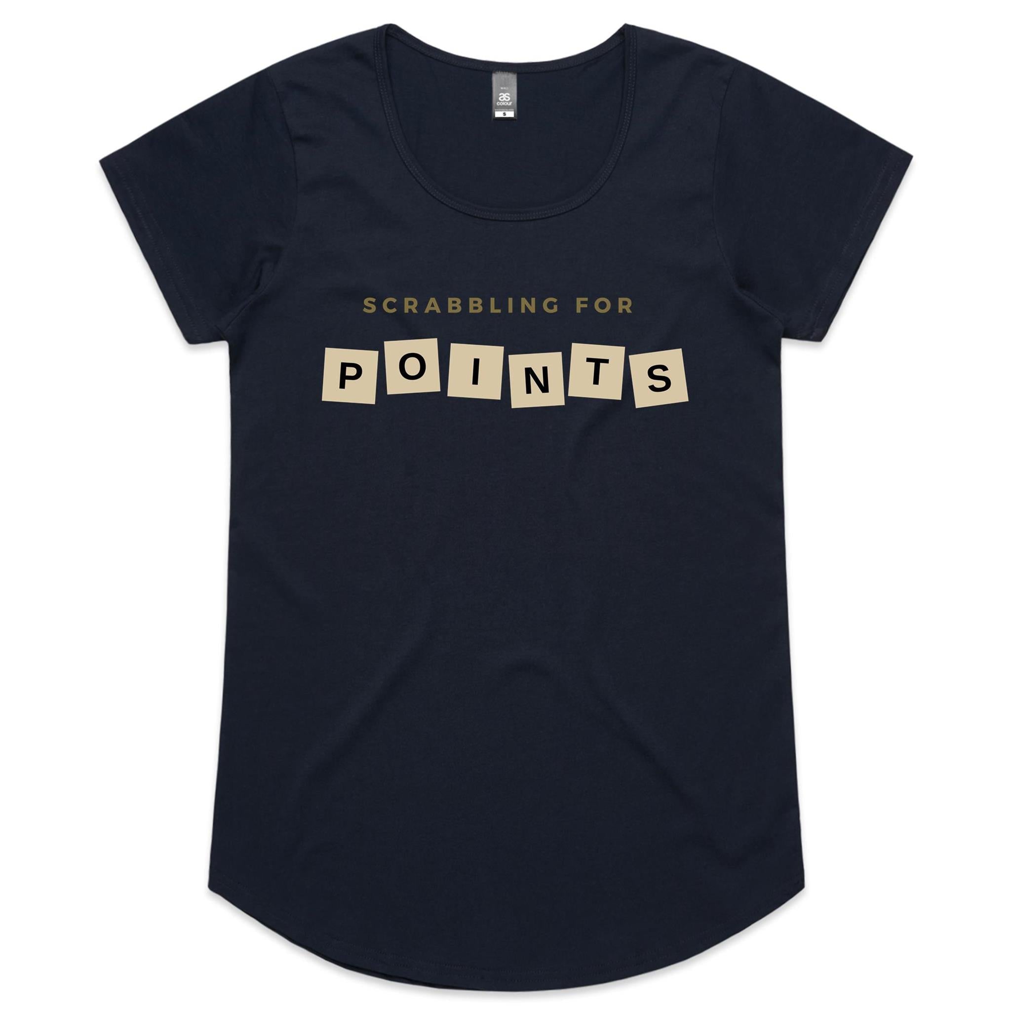 Scrabbling For Points - Womens Scoop Neck T-Shirt Navy Womens Scoop Neck T-shirt Games Printed In Australia
