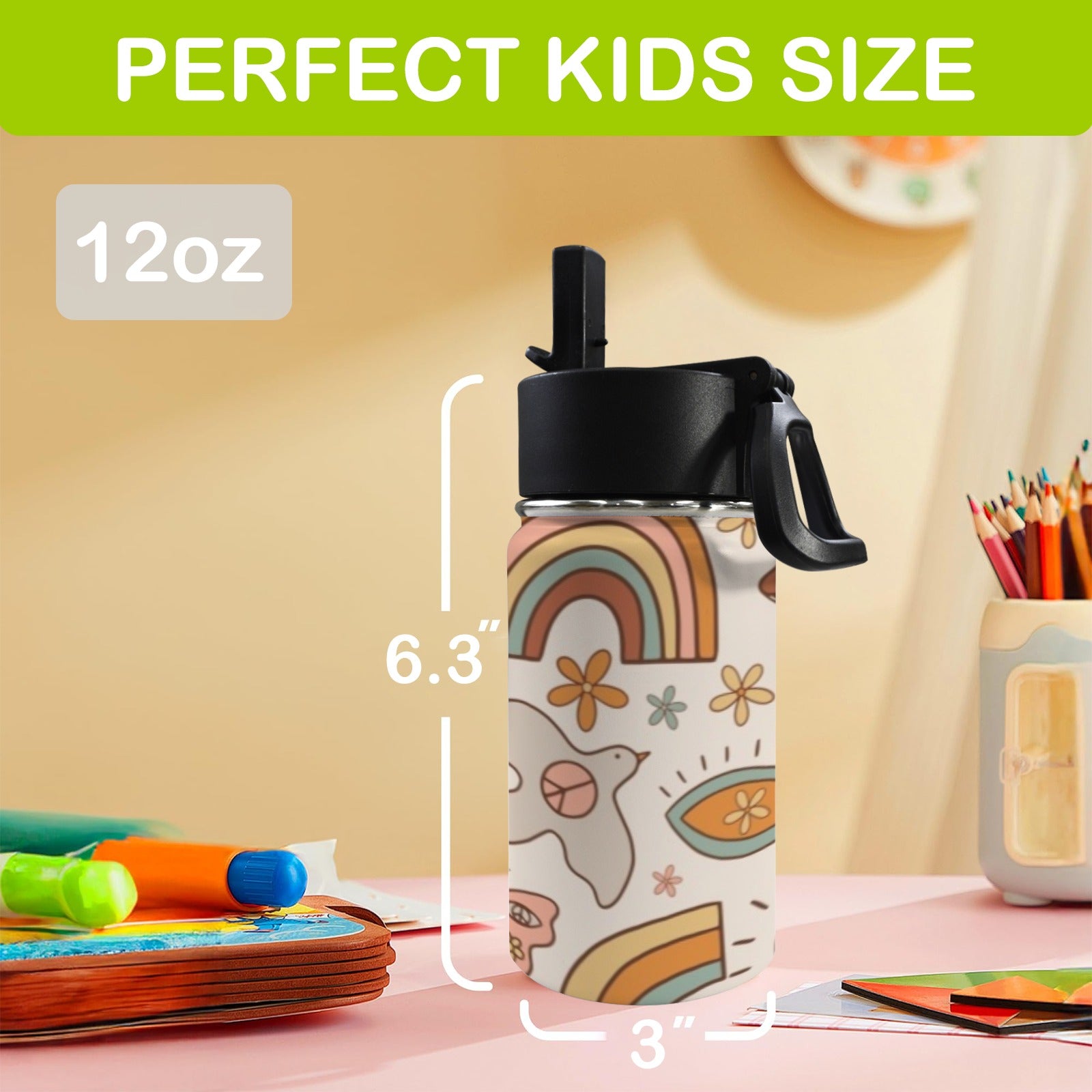 Peace And Love - 12oz Kids Water Bottle with Straw Lid