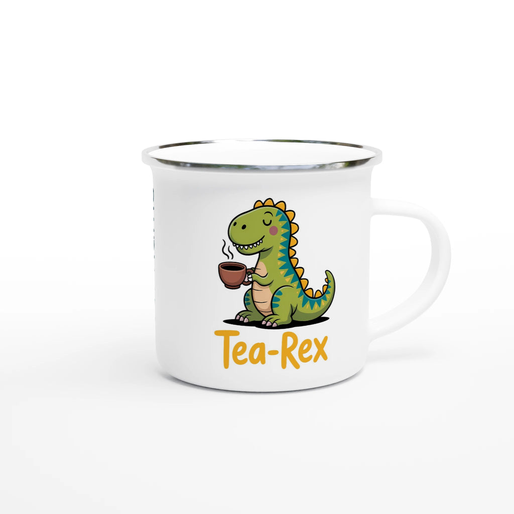 Personalised Tea-Rex, Tea Drinking Dinosaur White 12oz Enamel Mug Personalised Enamel Mug Globally Fulfilled Tea