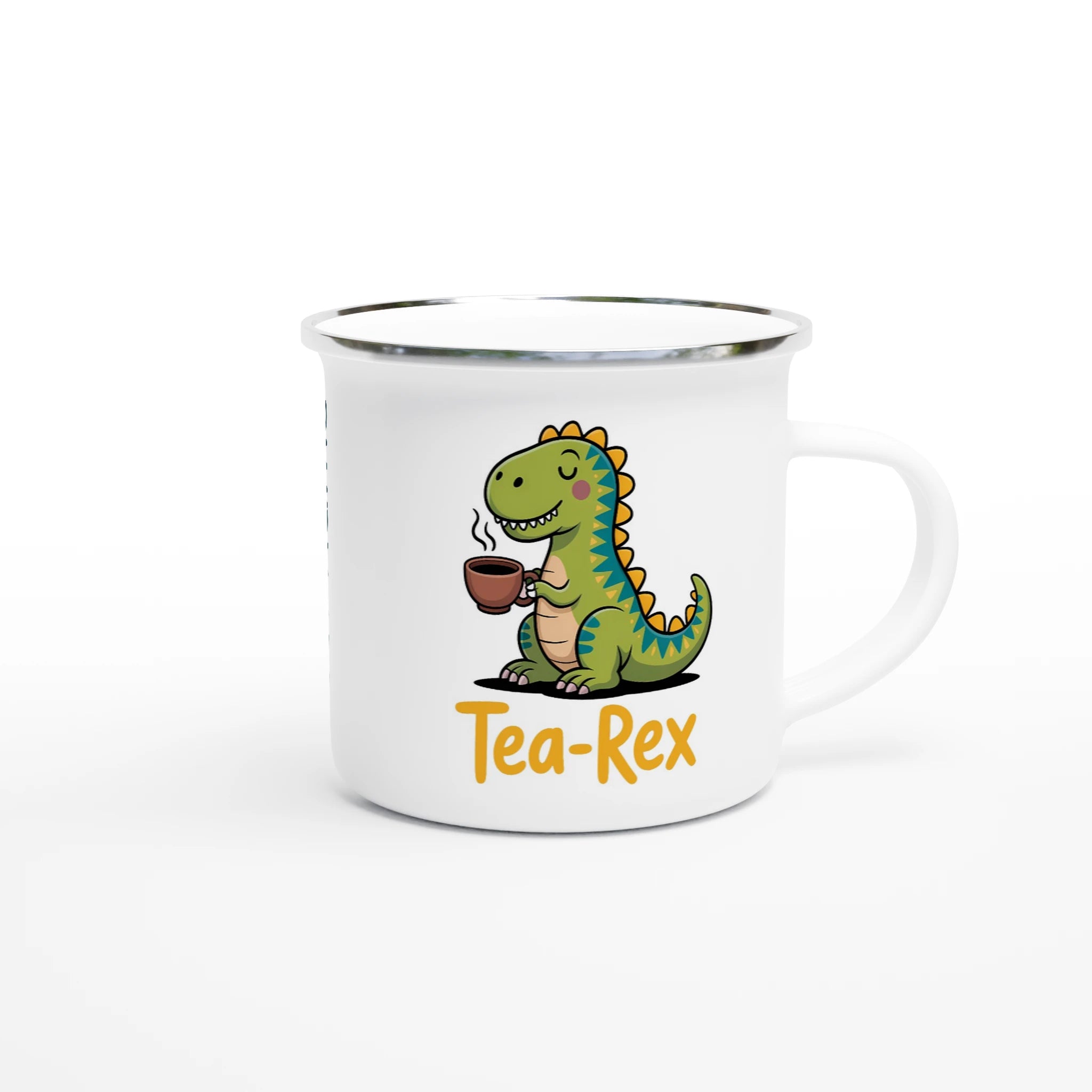 Personalised - Tea-Rex, Tea Drinking Dinosaur - White 12oz Enamel Mug Personalised Enamel Mug Globally Fulfilled Tea
