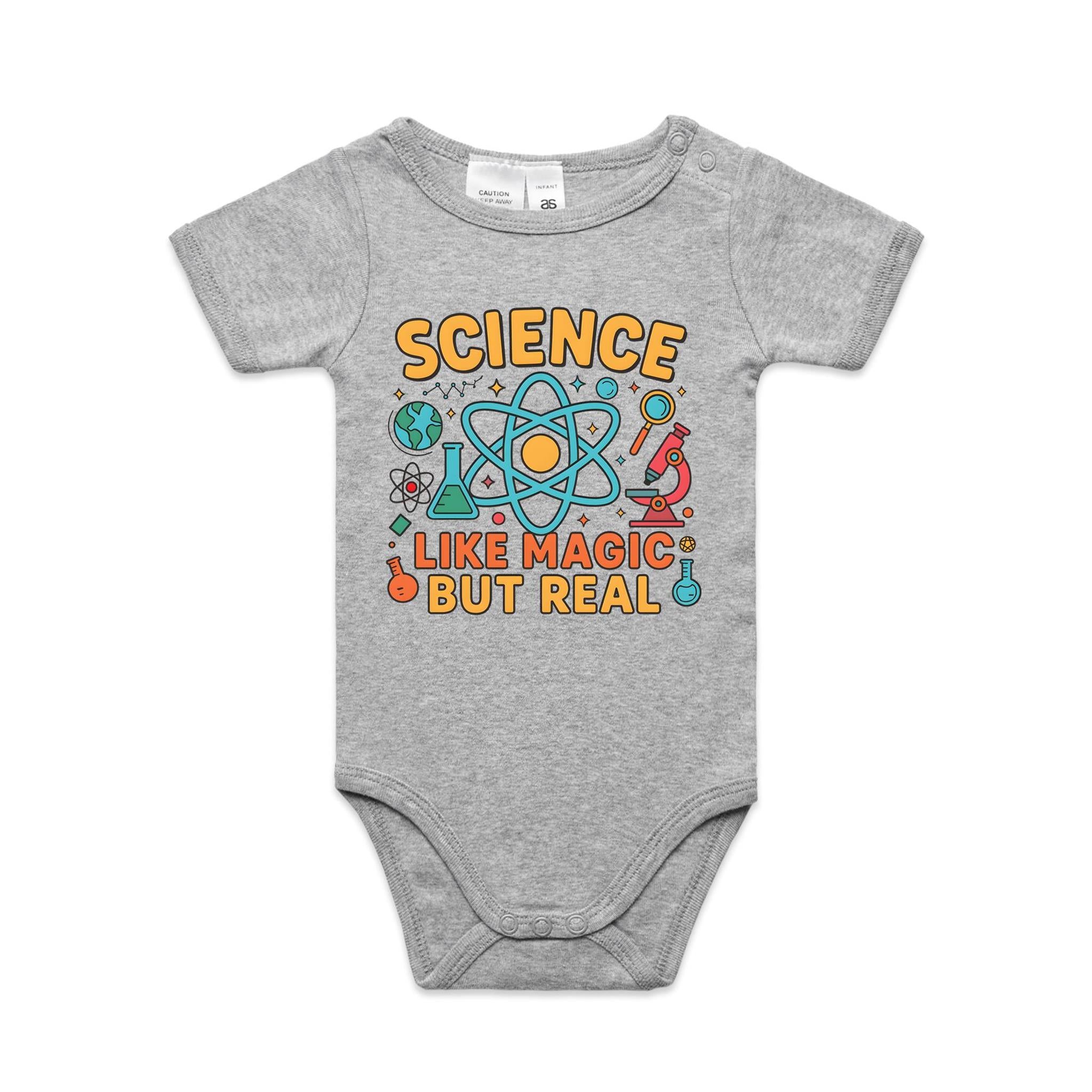 Science, Like Magic But Real AS Colour Baby Bodysuit Grey Marle Baby Bodysuit Printed In Australia Science