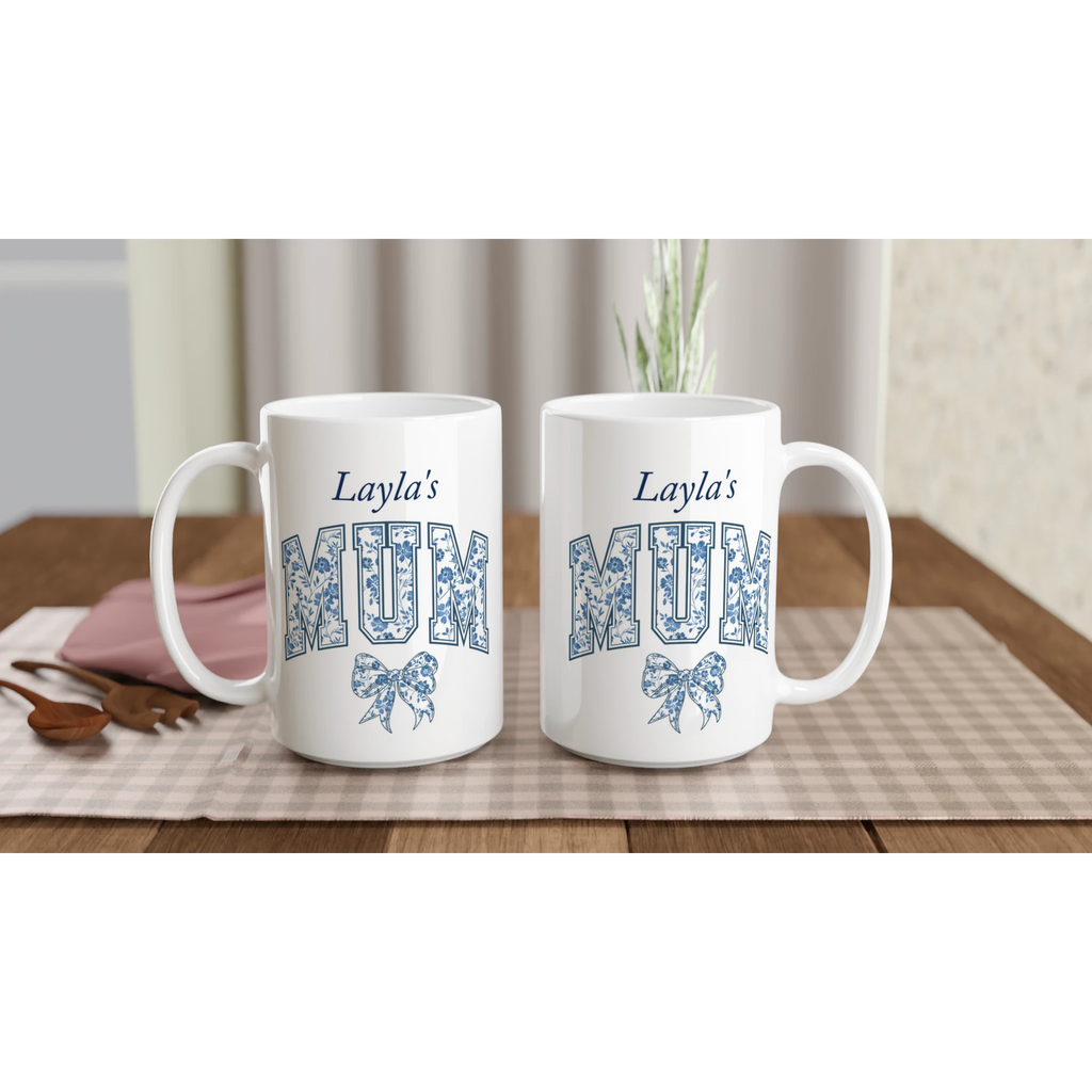 Personalise - Mum, Blue Floral - White 15oz Ceramic Mug Personalised 15oz Mug animal customise Globally Fulfilled Mum Name personalise