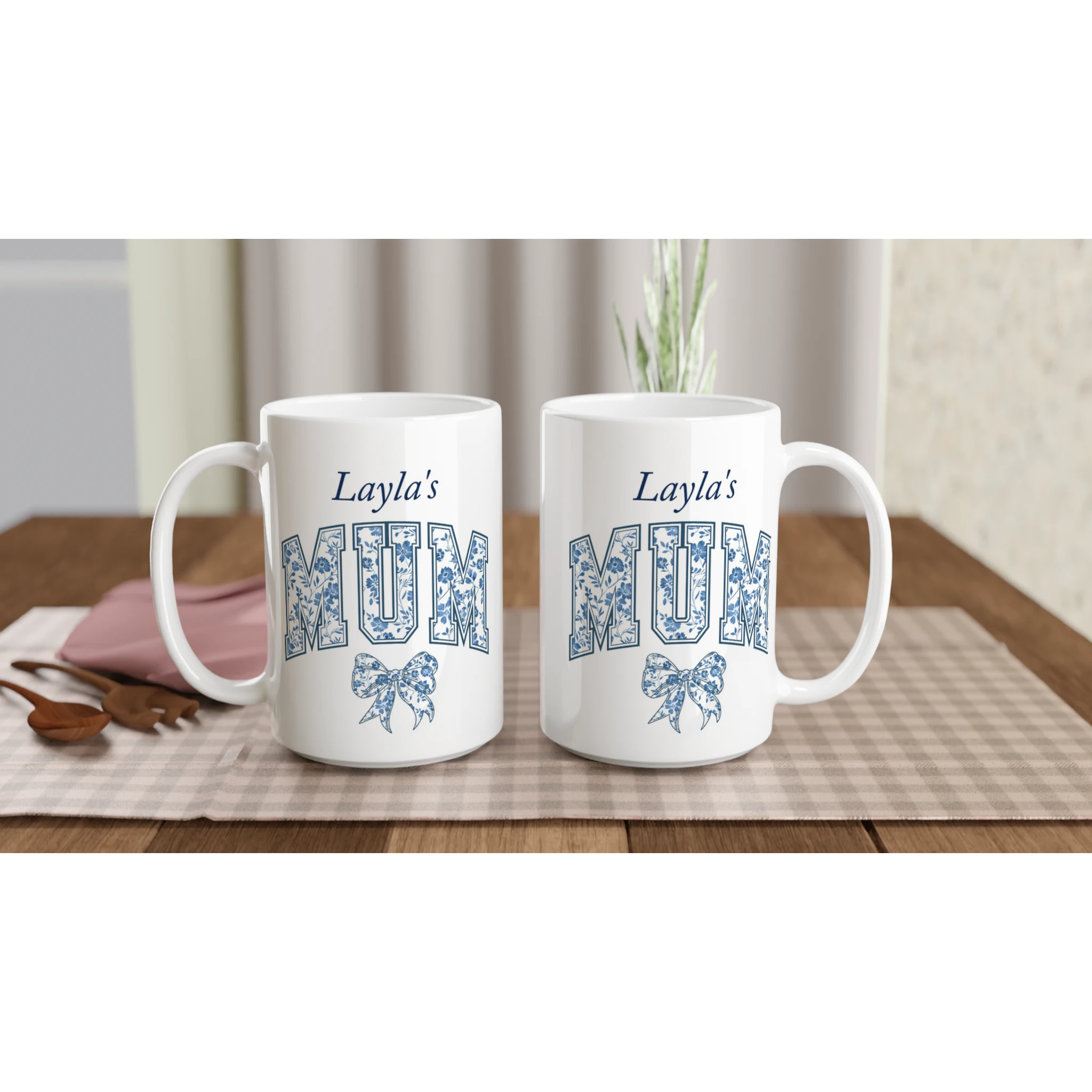 Personalise - Mum, Blue Floral - White 15oz Ceramic Mug Personalised 15oz Mug animal customise Globally Fulfilled Mum Name personalise