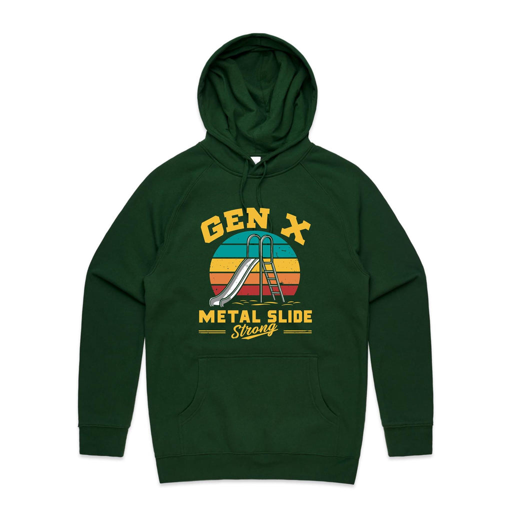 Gen X, Metal Slide Strong Men's AS Colour Hoodie Forest Green Mens Hoodie Printed In Australia