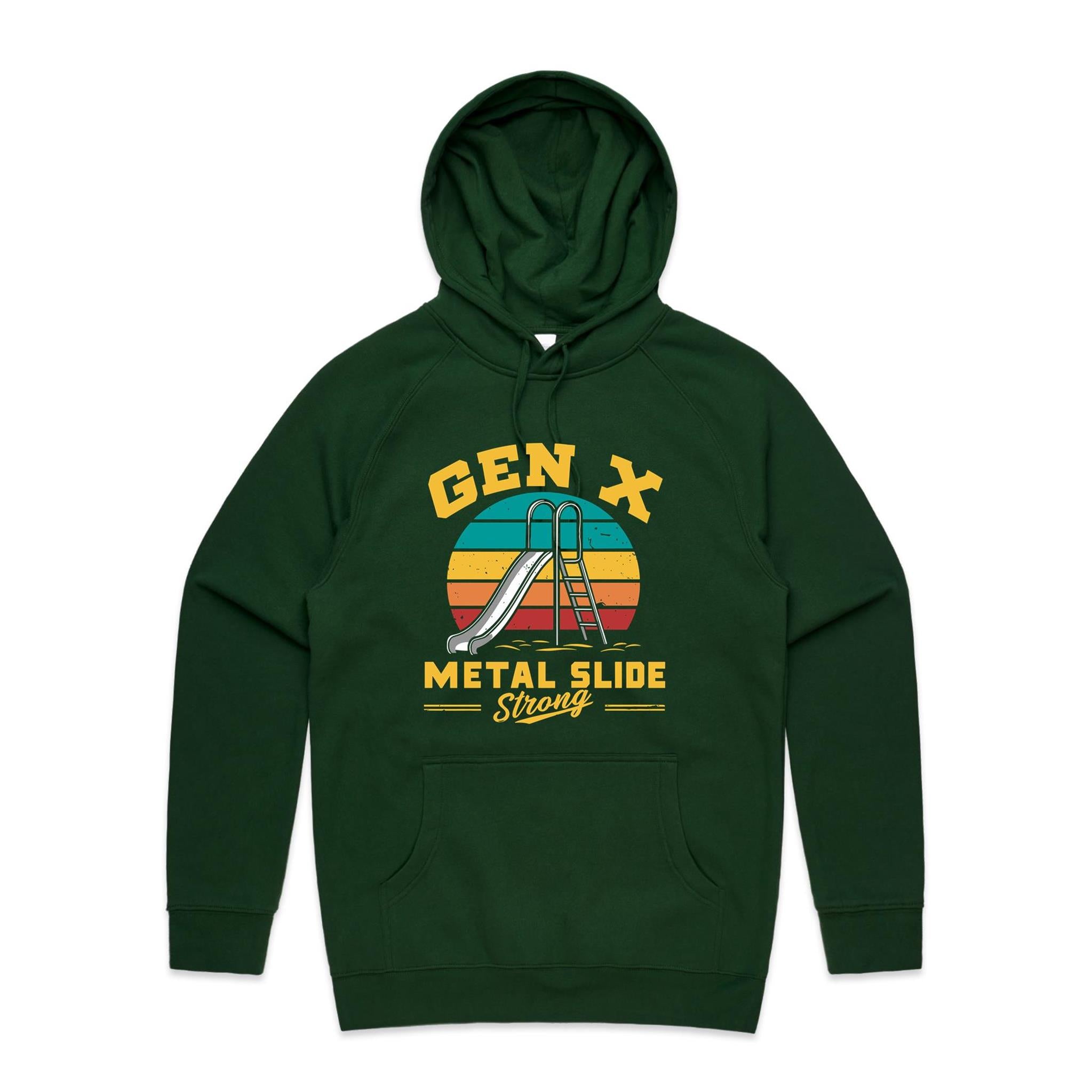 Gen X, Metal Slide Strong - Mens Hoodie Forest Green Mens Hoodie Printed In Australia