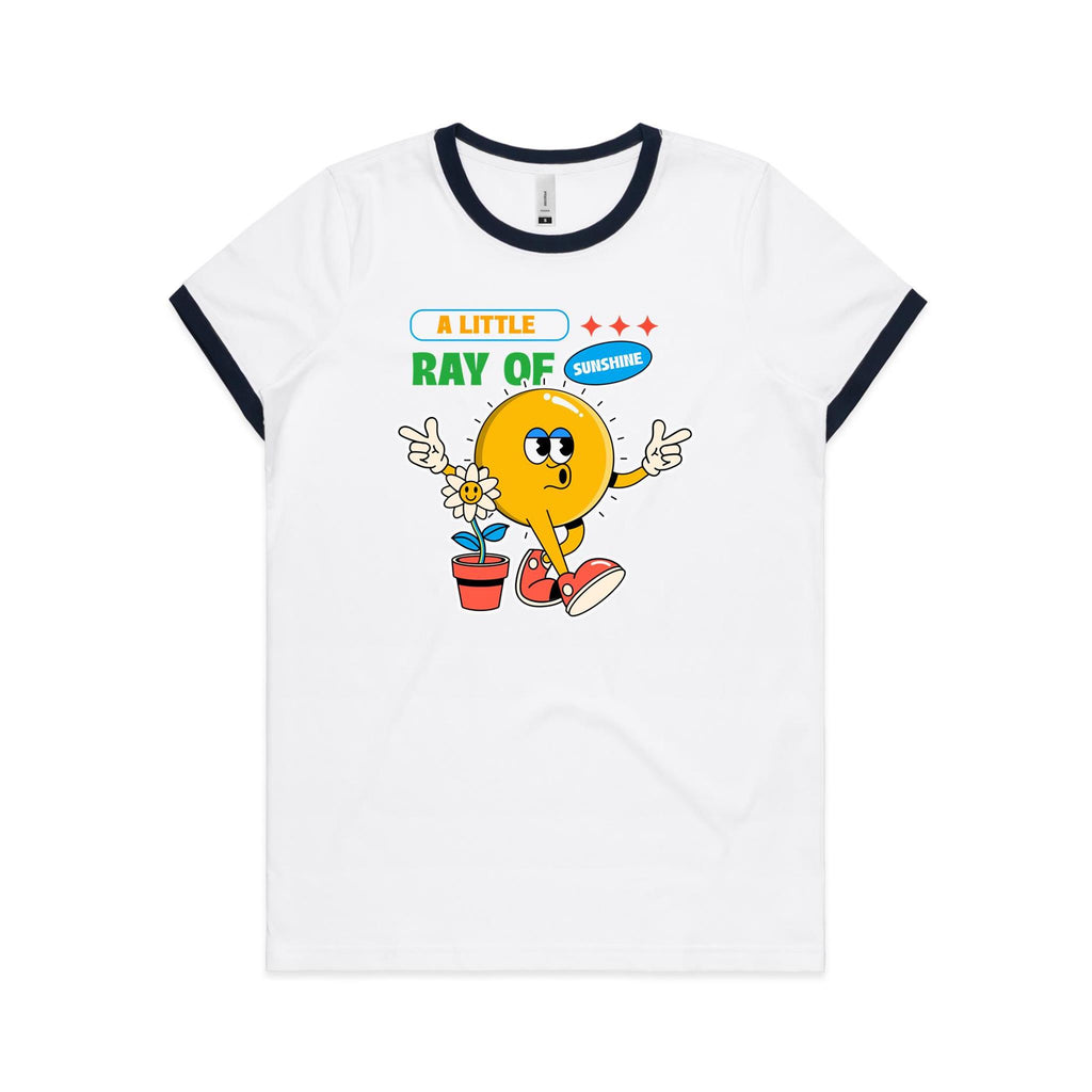 A Little Ray Of Sunshine - Women's Ringer Tee White Navy Womens Ringer T-shirt Printed In Australia Summer