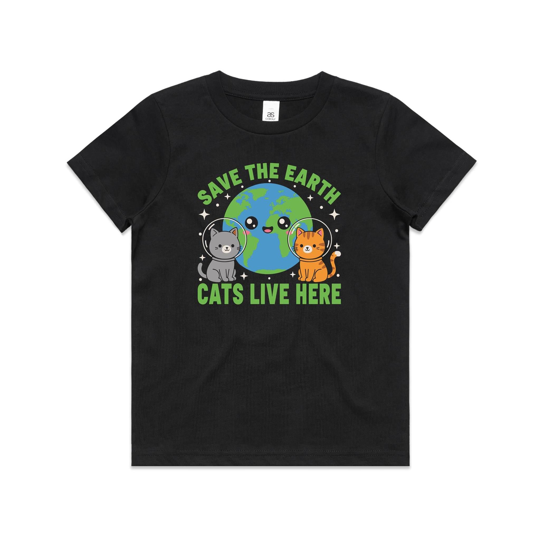 Save The Earth, Cats Live Here - Kid's AS Colour T-shirt Black Kids Youth T-shirt animal Environment Printed In Australia