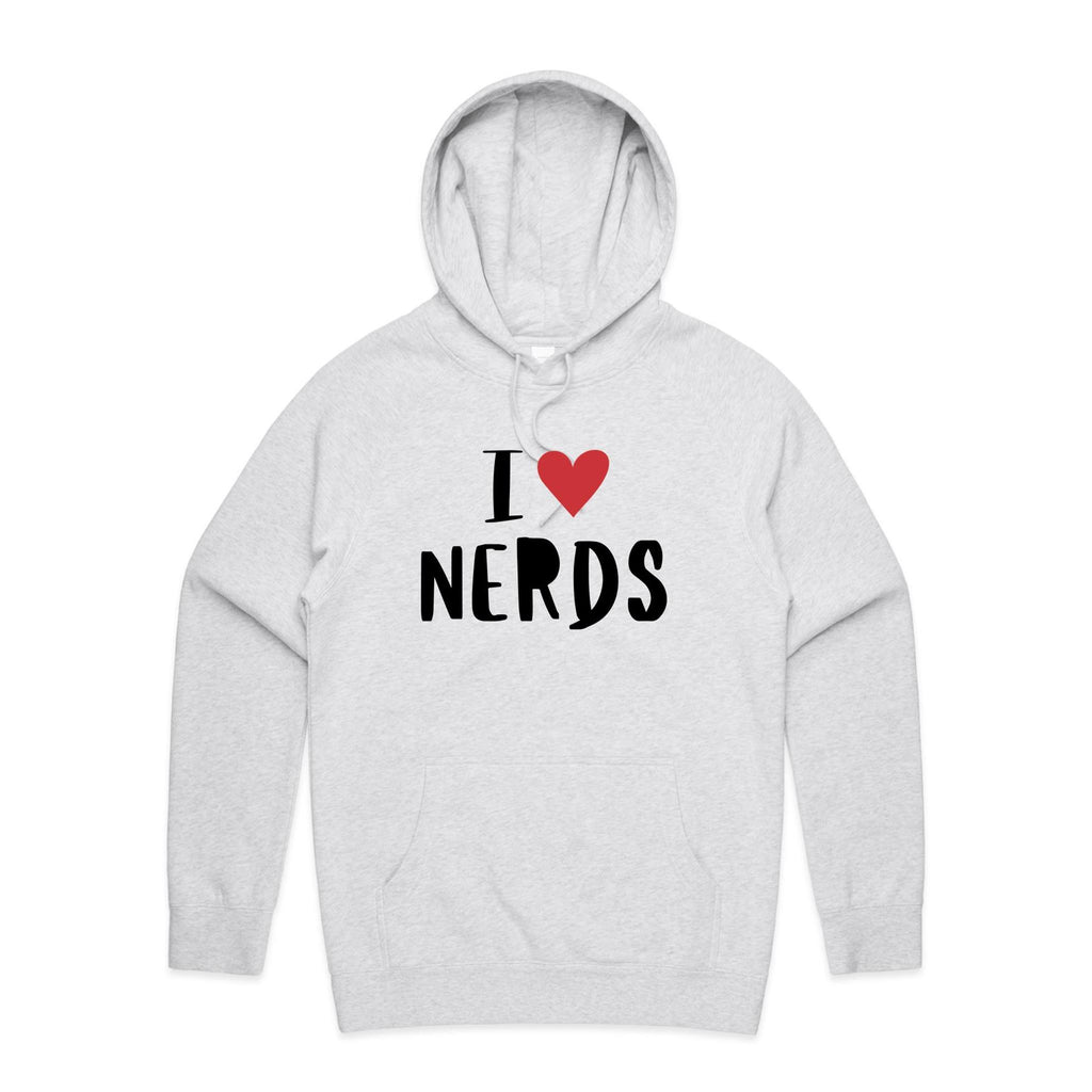 I Love Nerds, Red Heart - Mens Hoodie White Marle Mens Hoodie Printed In Australia