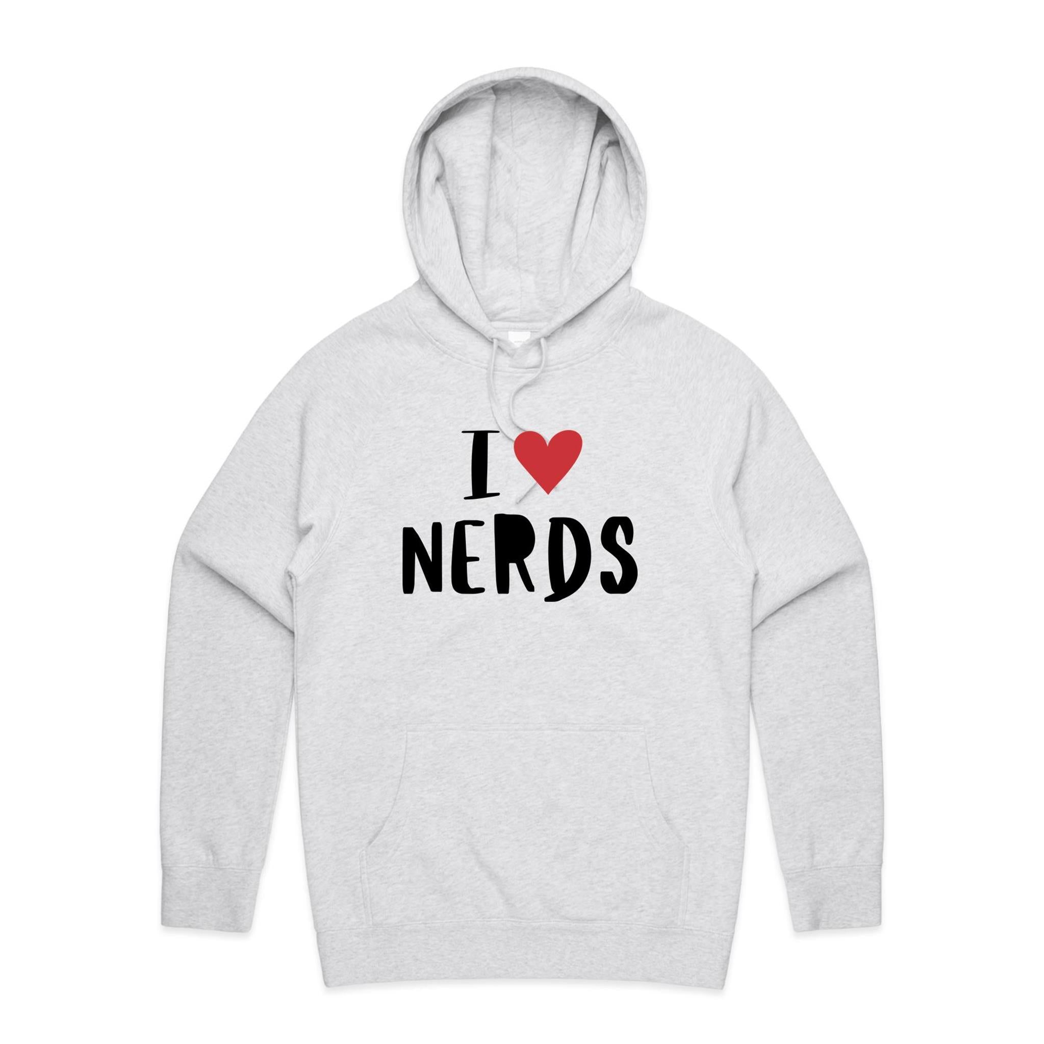 I Love Nerds, Red Heart - Mens Hoodie White Marle Mens Hoodie Printed In Australia