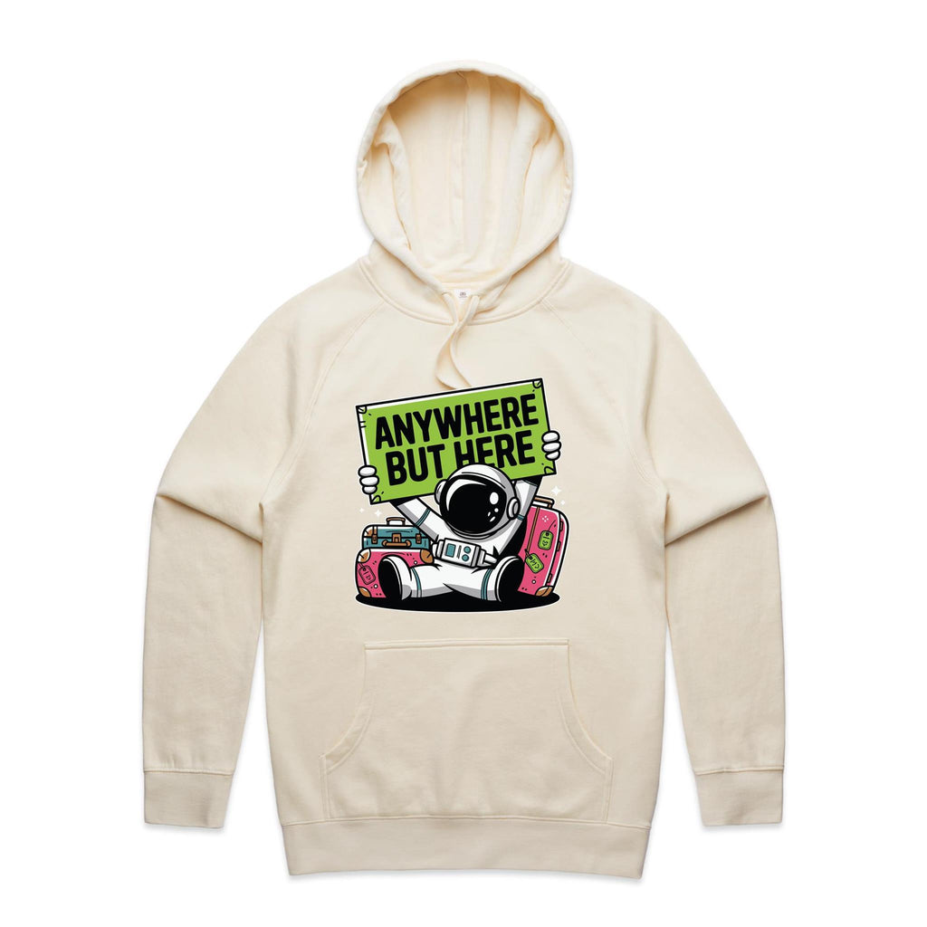 Astronaut, Anywhere But Here - Mens Hoodie Ecru Mens Hoodie Printed In Australia Space