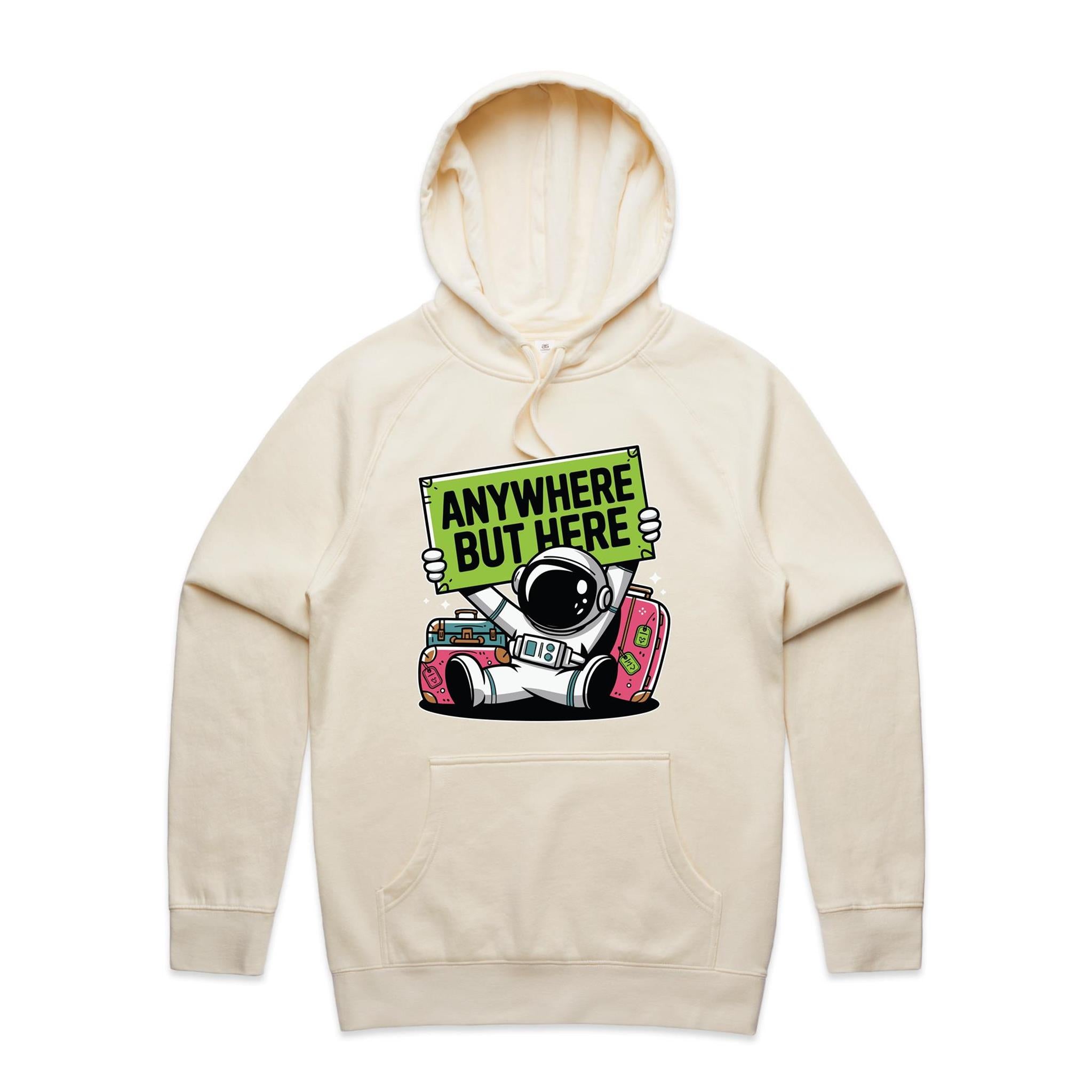 Astronaut, Anywhere But Here - Mens Hoodie Ecru Mens Hoodie Printed In Australia Space