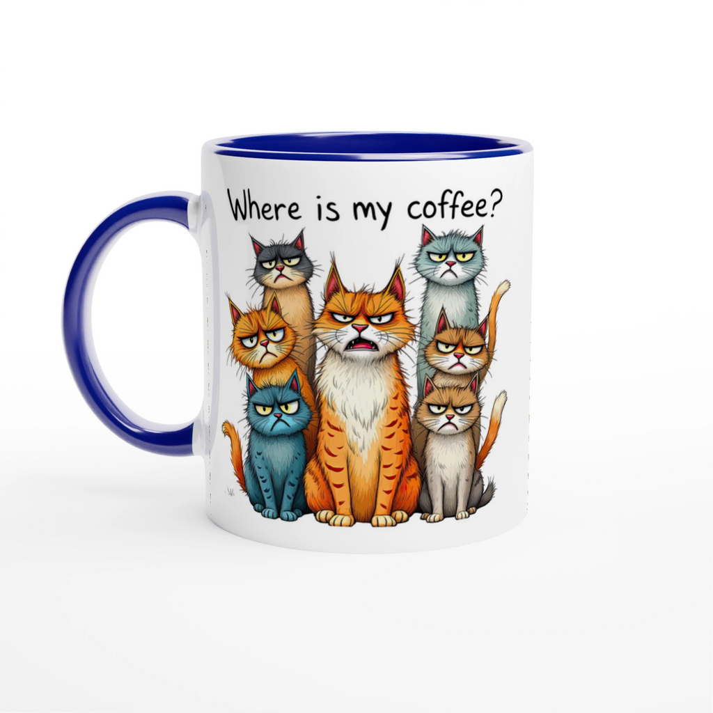Where Is My Coffee, Cranky Cats - White 11oz Ceramic Mug with Colour Inside Ceramic Blue Colour 11oz Mug animal Coffee Globally Fulfilled