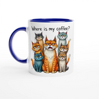 Where Is My Coffee, Cranky Cats - White 11oz Ceramic Mug with Colour Inside Ceramic Blue Colour 11oz Mug animal Coffee Globally Fulfilled