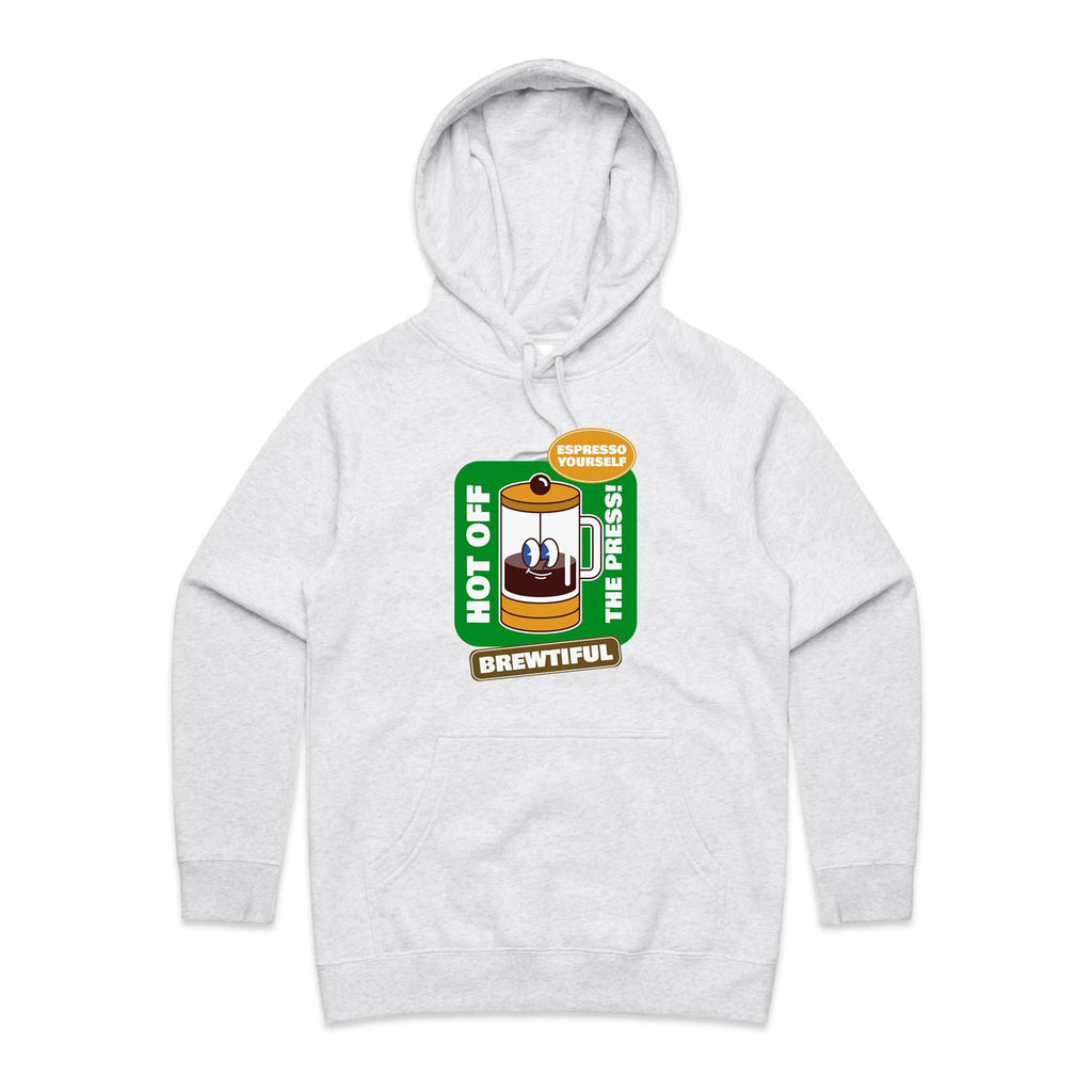 Brewtiful, Coffee Press - Womens Hoodie White Marle Womens Hoodie Coffee Printed In Australia