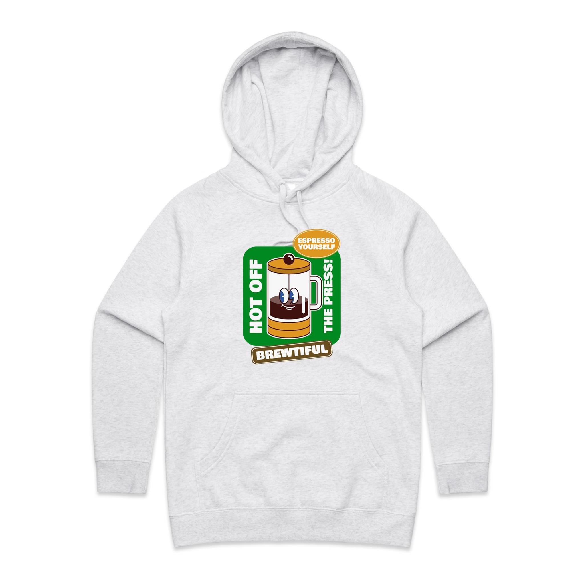 Brewtiful, Coffee Press - Womens Hoodie White Marle Womens Hoodie Coffee Printed In Australia