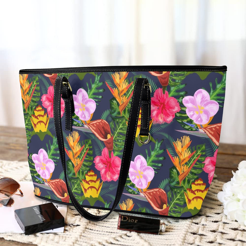 Tropical Floral PU Leather Tote Bag Large Leather Tote Bag-Large Plants Printed Offshore
