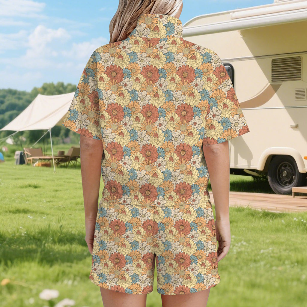 Vintage Retro Floral Women's Windbreaker Short Set Women's Windbreaker Short Set Plants Printed Offshore