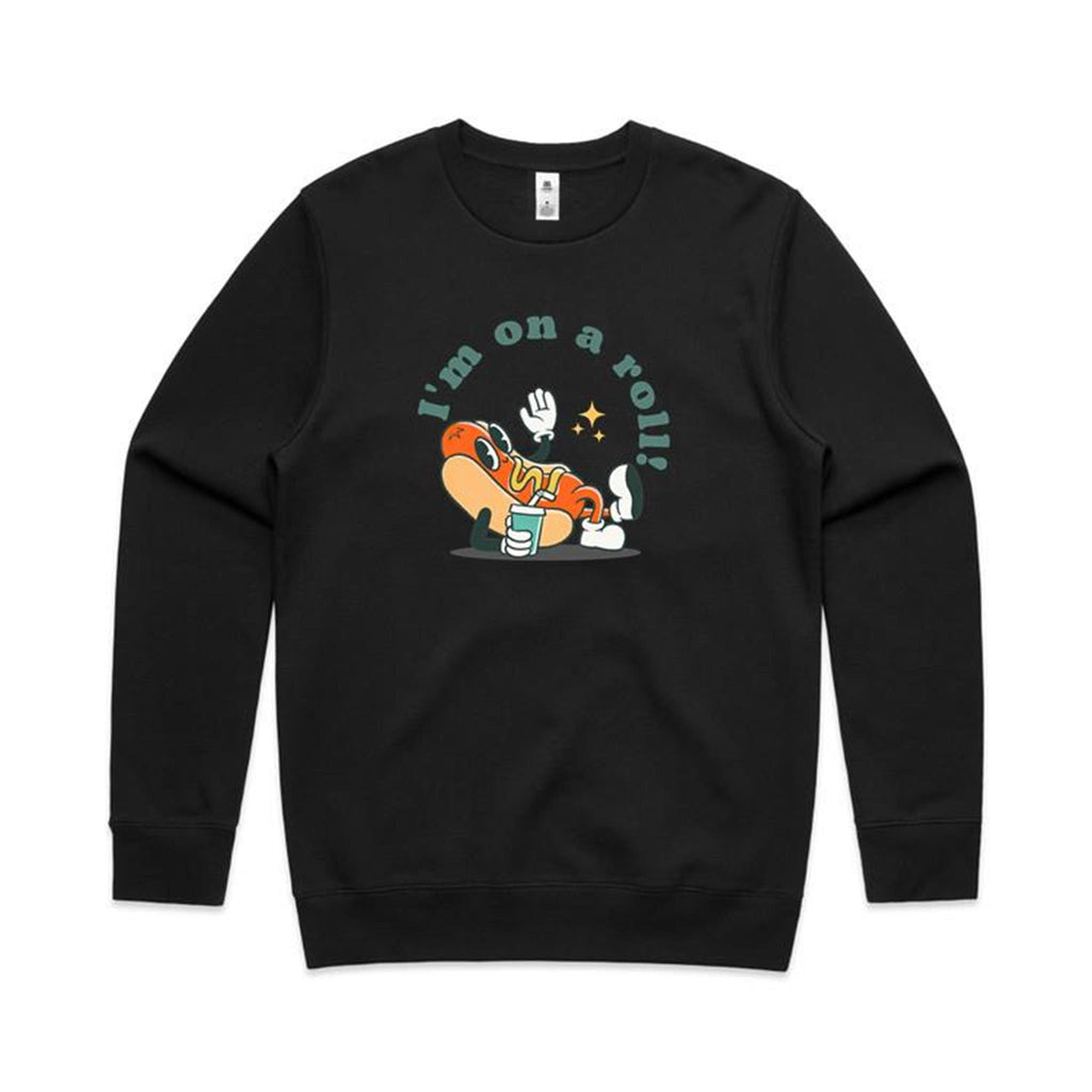 Hot Dog, I'm On A Roll - AS Colour Stencil Crew Black Sweatshirt Food Printed In Australia