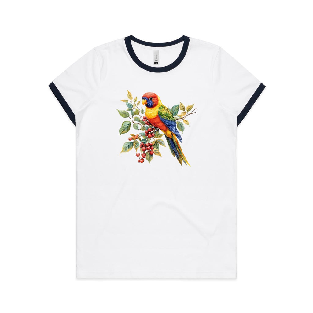 Lorikeet, Australian Birds - Women's Ringer Tee White Navy Womens Ringer T-shirt animal Printed In Australia