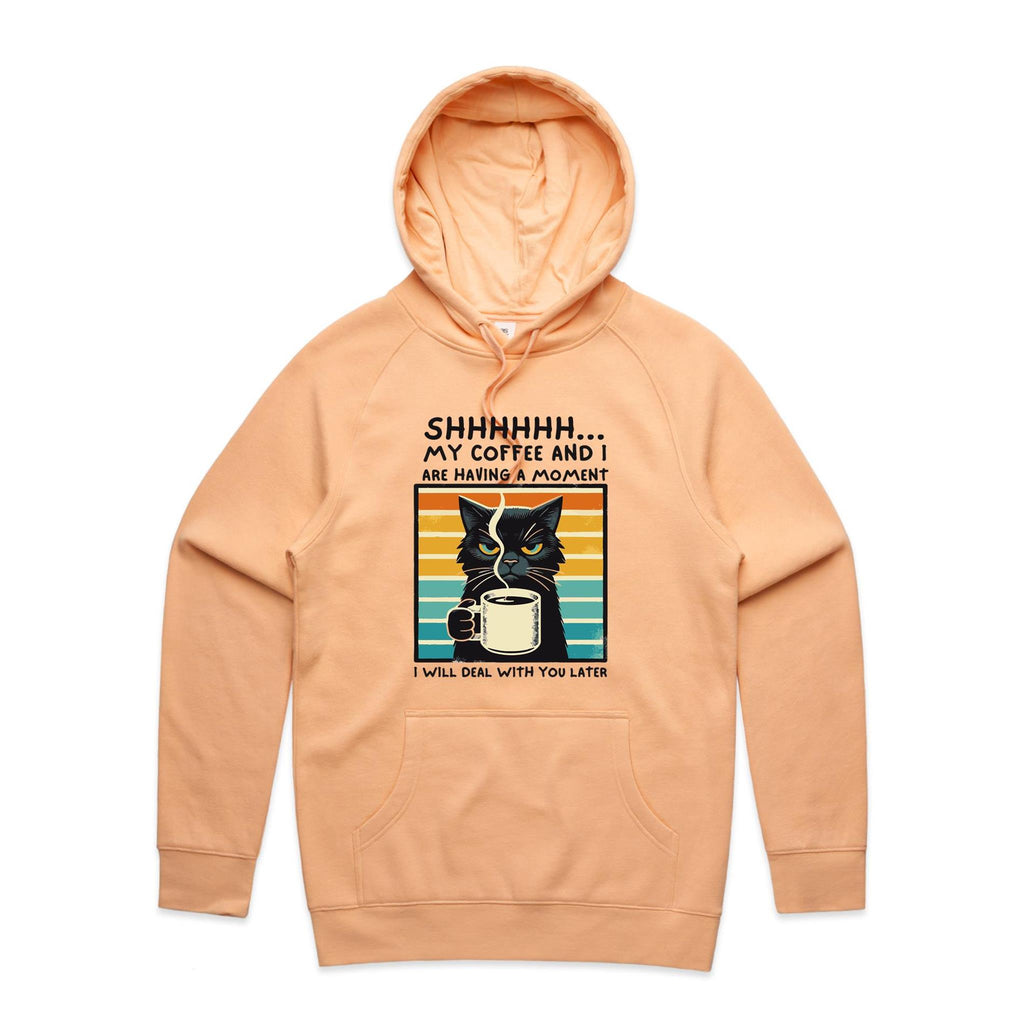 Shhh, My Coffee And I Are Having A Moment, Cat - Mens Hoodie Peach Mens Hoodie animal Coffee Printed In Australia