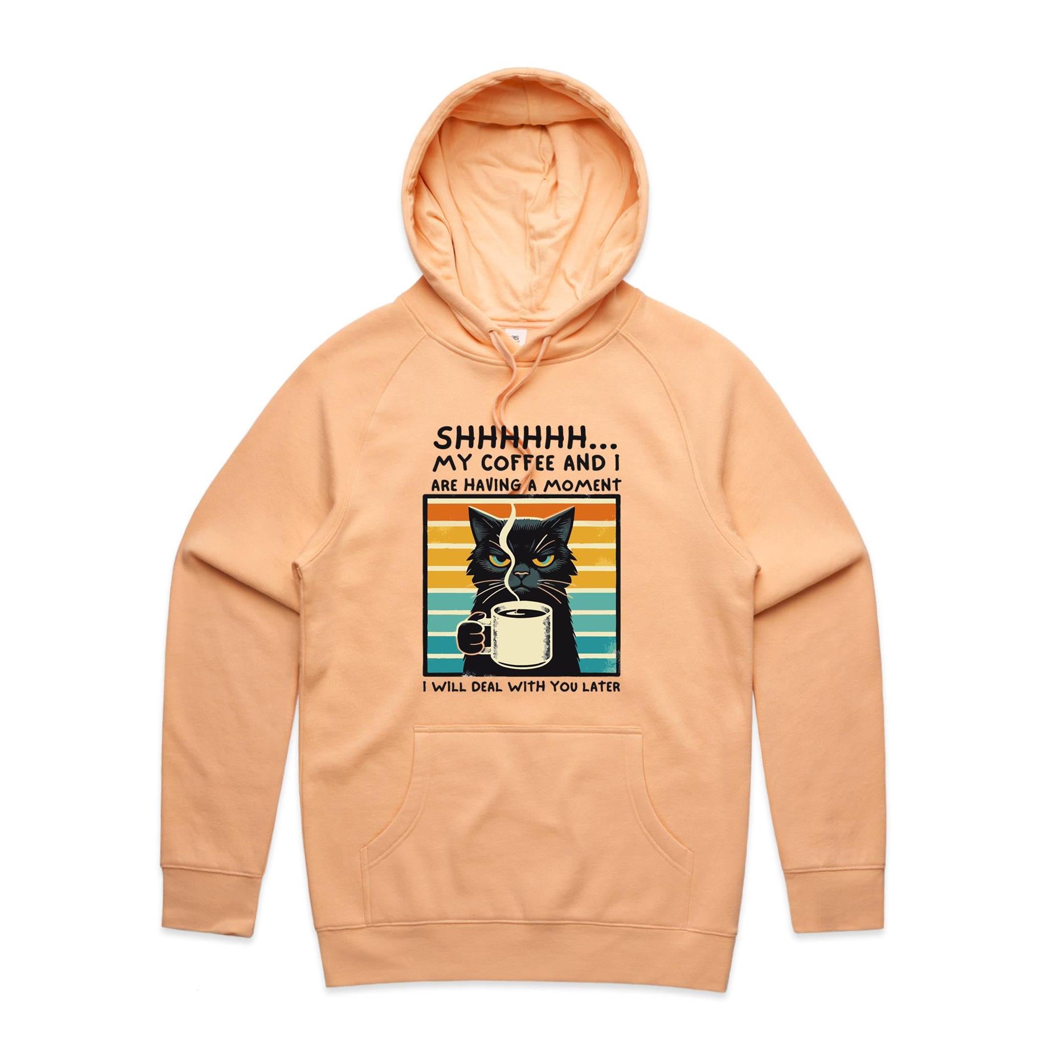 Shhh, My Coffee And I Are Having A Moment, Cat - Mens Hoodie Peach Mens Hoodie animal Coffee Printed In Australia
