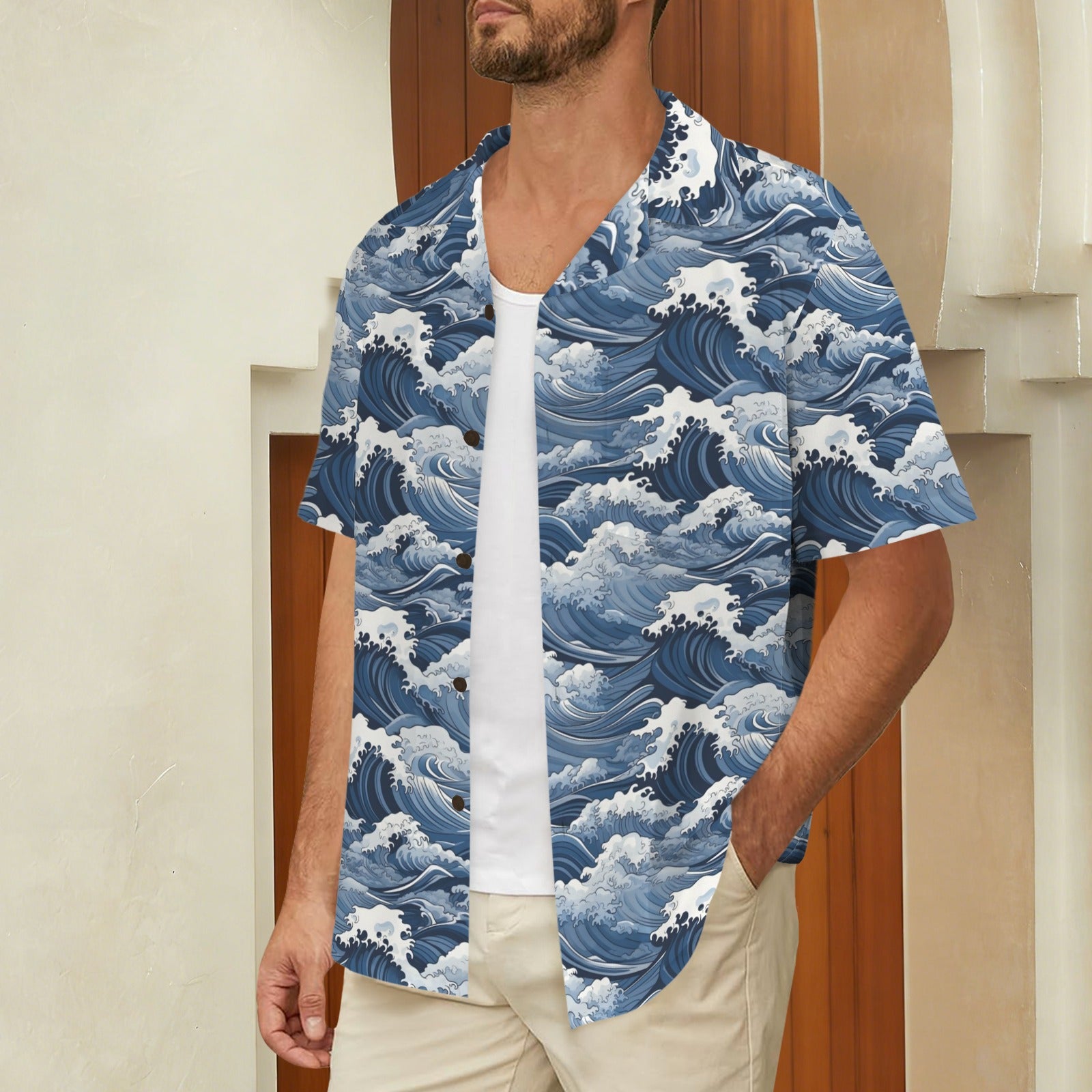 Japanese Waves - Men's Short Sleeve Hawaiian Shirt Men's Hawaiian Shirt (New) Ocean Printed Offshore