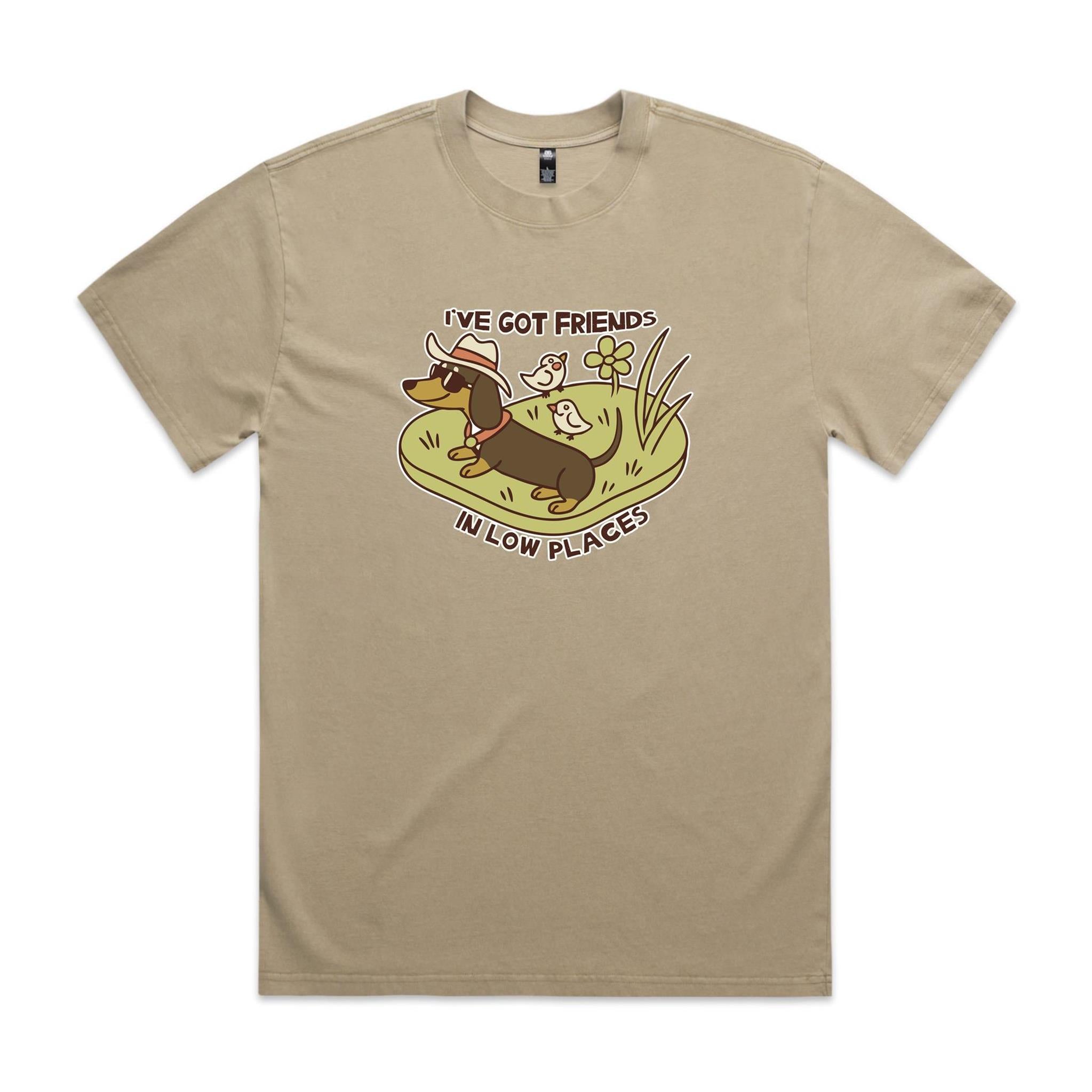 Dachshund, I've Got Friends In Low Places AS Colour Heavy Faded Tee Unisex Faded khaki Heavy Faded T-shirt animal Printed In Australia