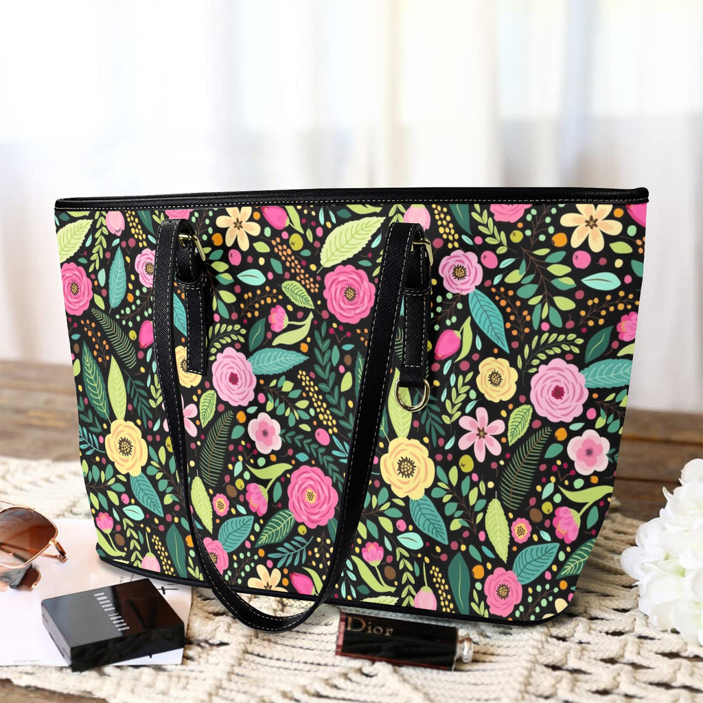 Bright Floral And Leaves PU Leather Tote Bag Large