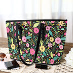 Bright Floral And Leaves PU Leather Tote Bag Large