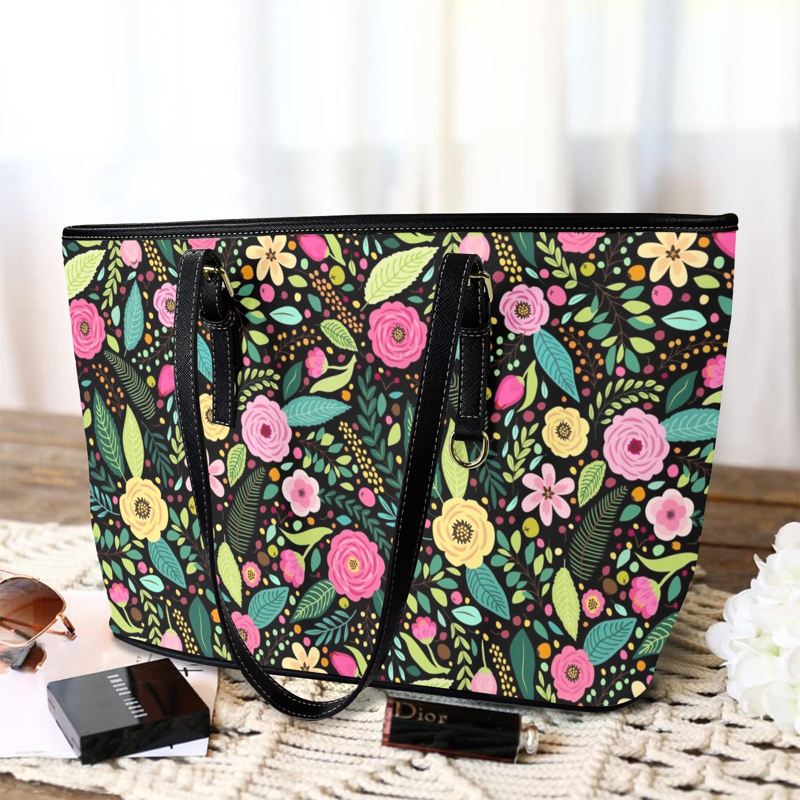 Bright Floral And Leaves PU Leather Tote Bag Large