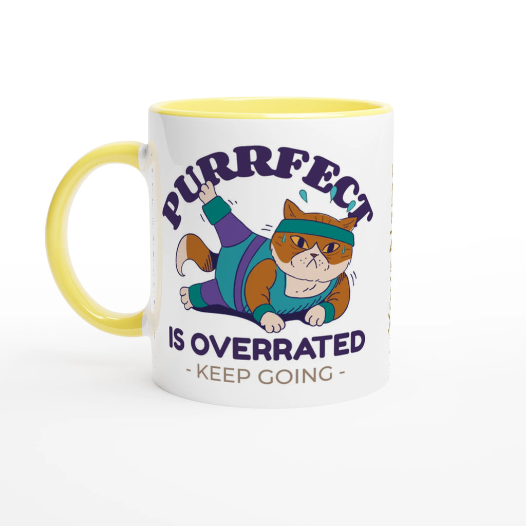Personalised - Purrfect Is Overrated - White 11oz Ceramic Mug with Colour Inside Ceramic Yellow Personalised 11oz Mug animal customise Fitness Globally Fulfilled personalise