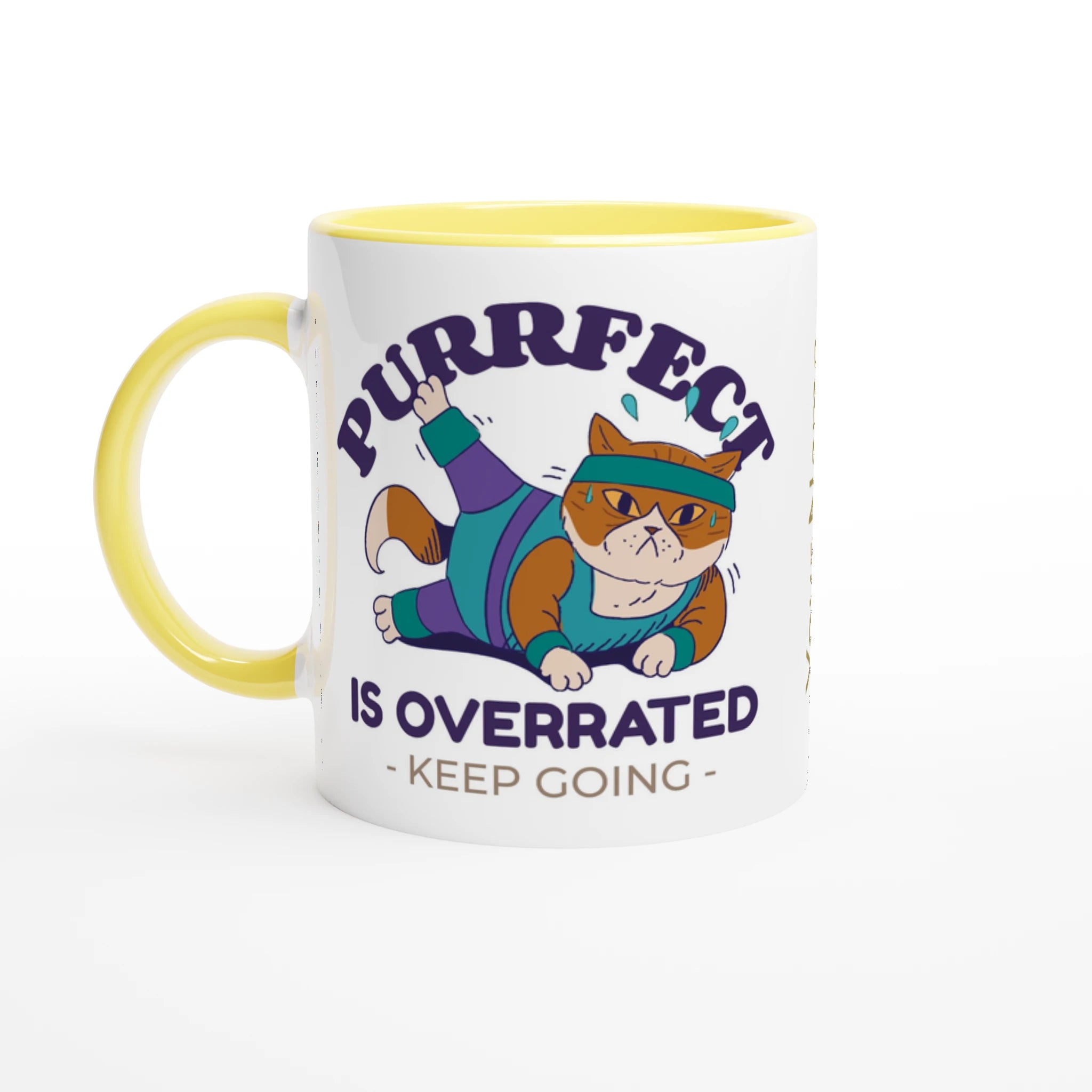Personalised - Purrfect Is Overrated - White 11oz Ceramic Mug with Colour Inside Ceramic Yellow Personalised 11oz Mug animal customise Fitness Globally Fulfilled personalise