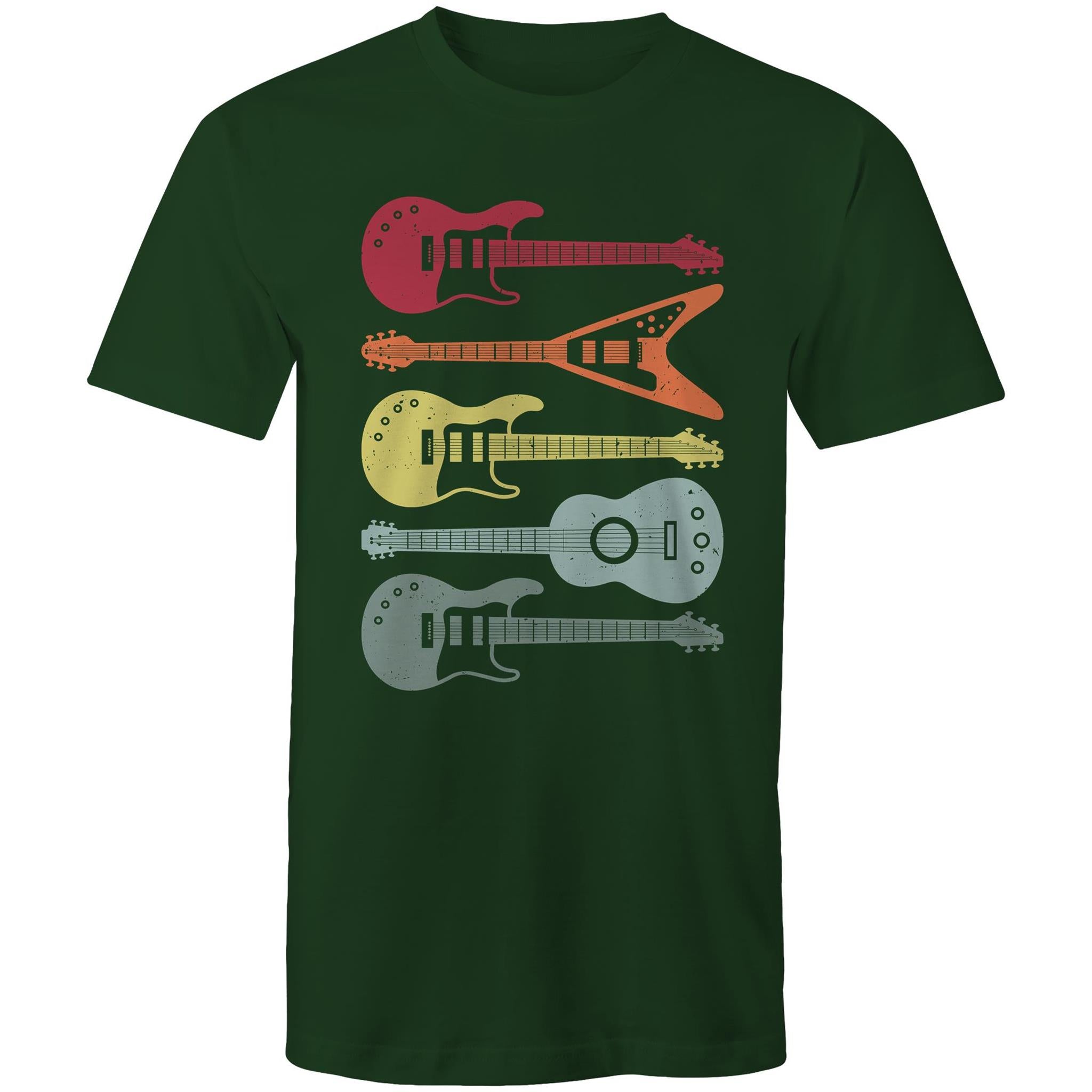 Retro Guitars - Mens T-Shirt Forest Green Mens T-shirt Music Printed In Australia