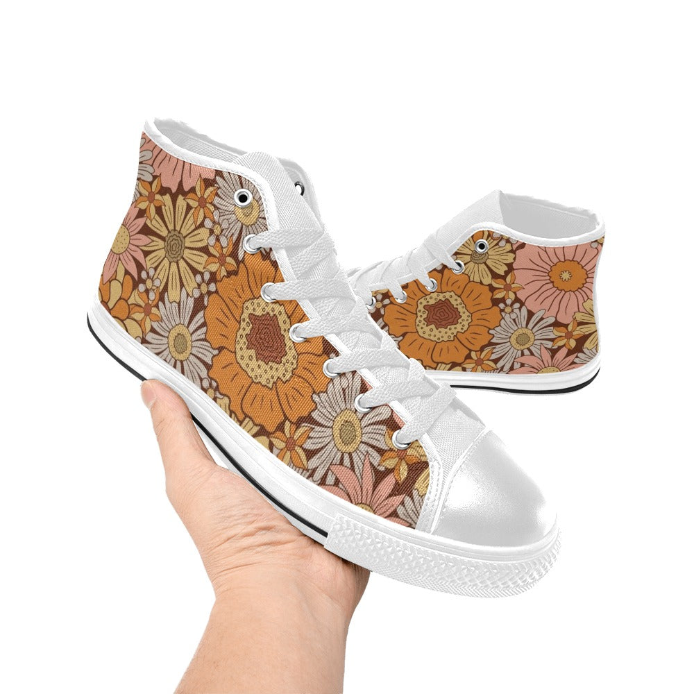 Orange Retro Floral Men's High Top Canvas Shoes Men's Classic High Top Canvas Shoes Plants Printed Offshore