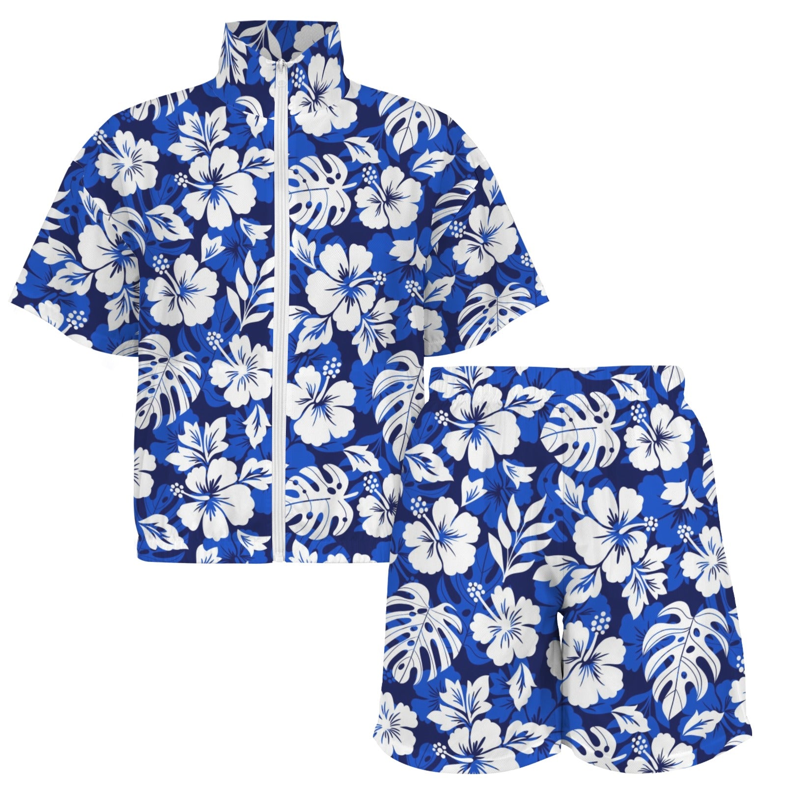 Blue Hawaiian Floral Women's Windbreaker Short Set Women's Windbreaker Short Set Plants Printed Offshore