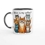 Where Is My Coffee, Cranky Cats - White 11oz Ceramic Mug with Colour Inside Ceramic Black Colour 11oz Mug animal Coffee Globally Fulfilled