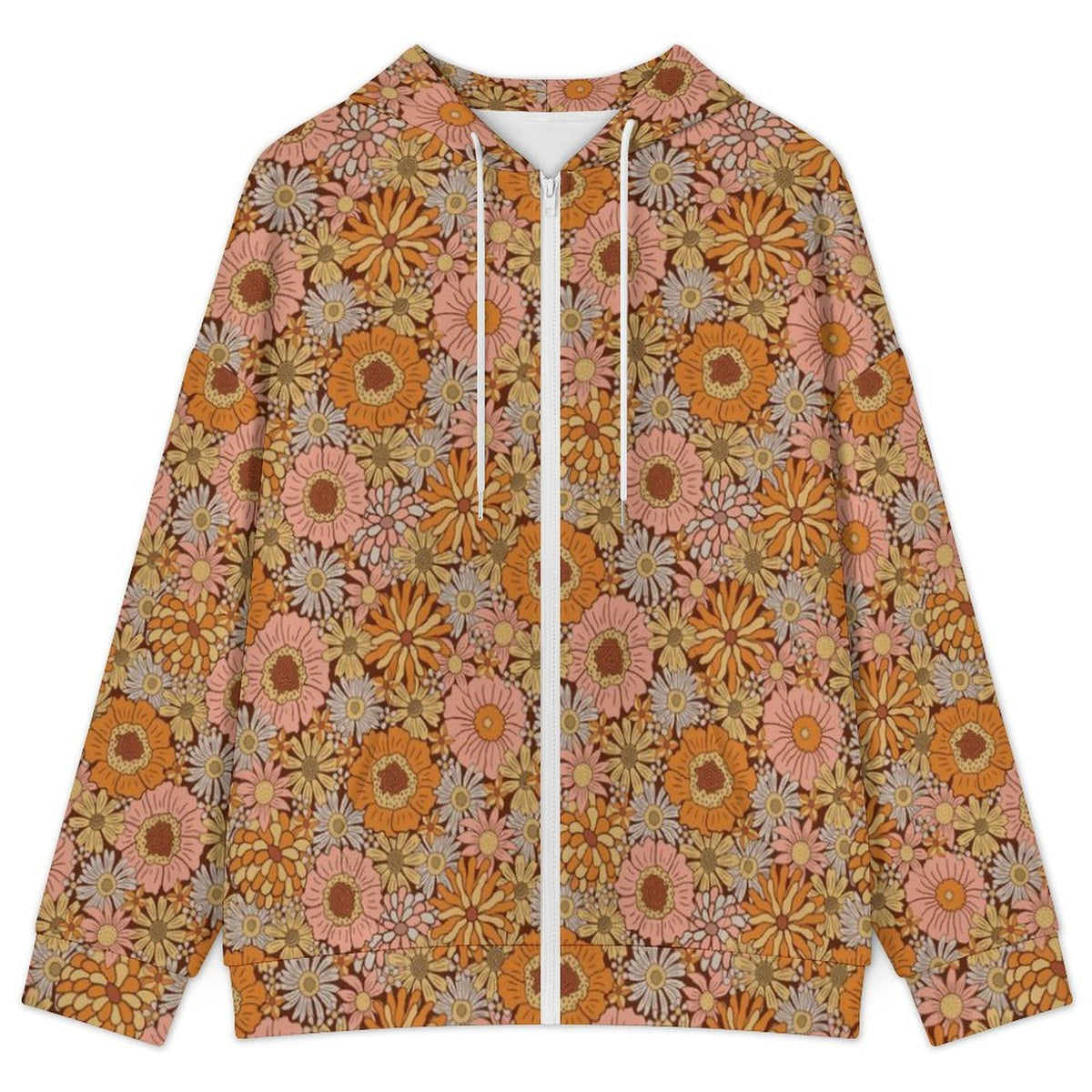 Orange Retro Floral Women's Full-Zip Hoodie