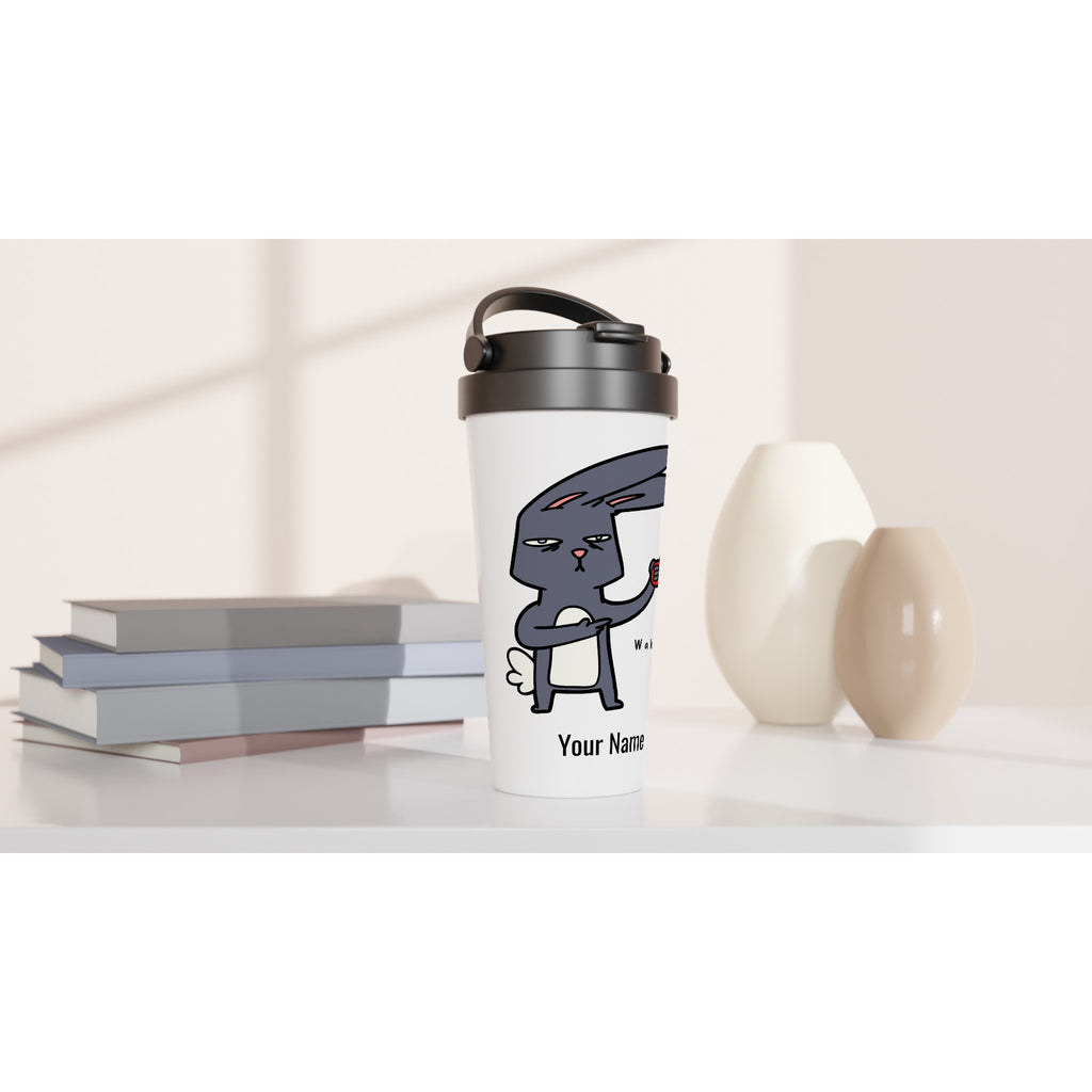 Personalised Wake Up, Coffee Rabbit White 15oz Stainless Steel Travel Mug Personalised Travel Mug animal Coffee Customise Globally Fulfilled Personalise