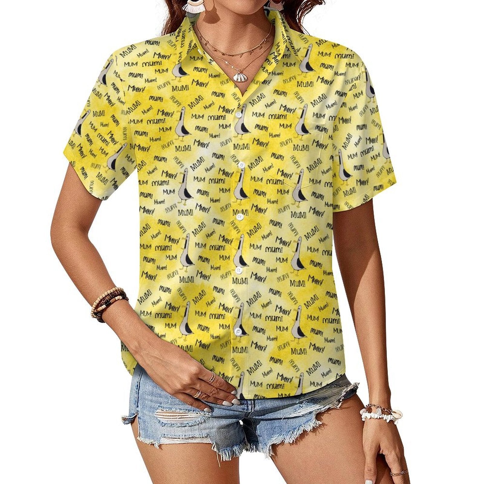 Mum Seagull - Women's Short-Sleeve Button Up Shirt white Women's Short-Sleeve Button Up Shirt animal Mum Printed Offshore