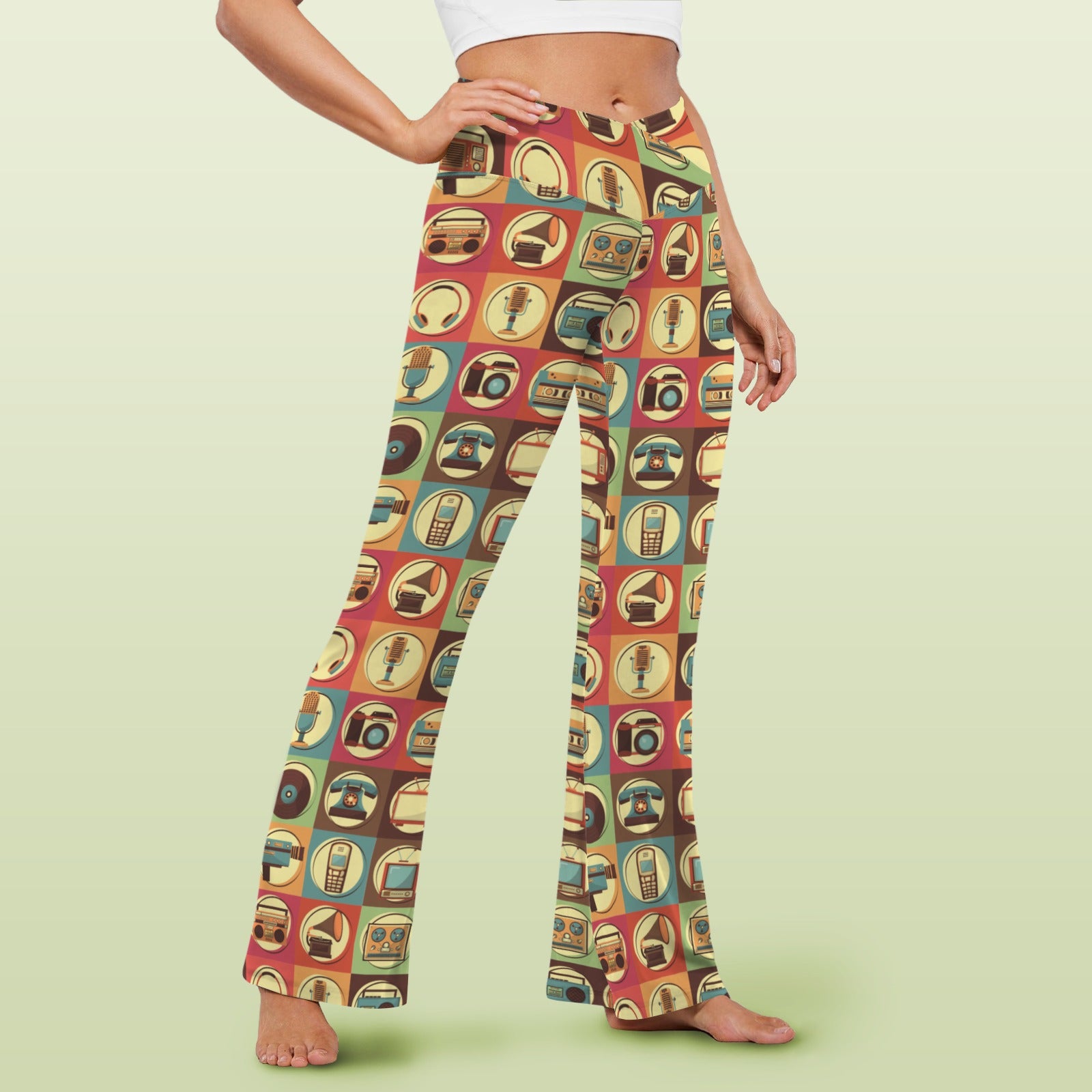 Retro Life High Waist Crossover Tummy Control Flare Leggings High Waist Flare Leggings Printed Offshore Retro