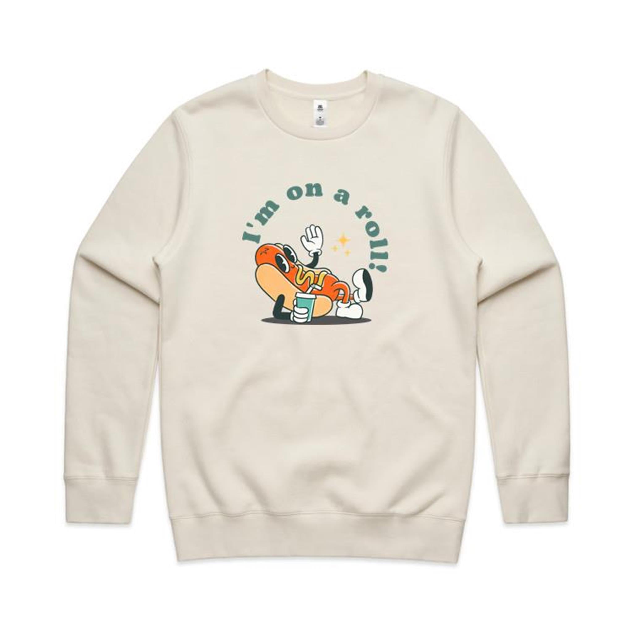Hot Dog, I'm On A Roll - AS Colour Stencil Crew Ecru Sweatshirt Food Printed In Australia