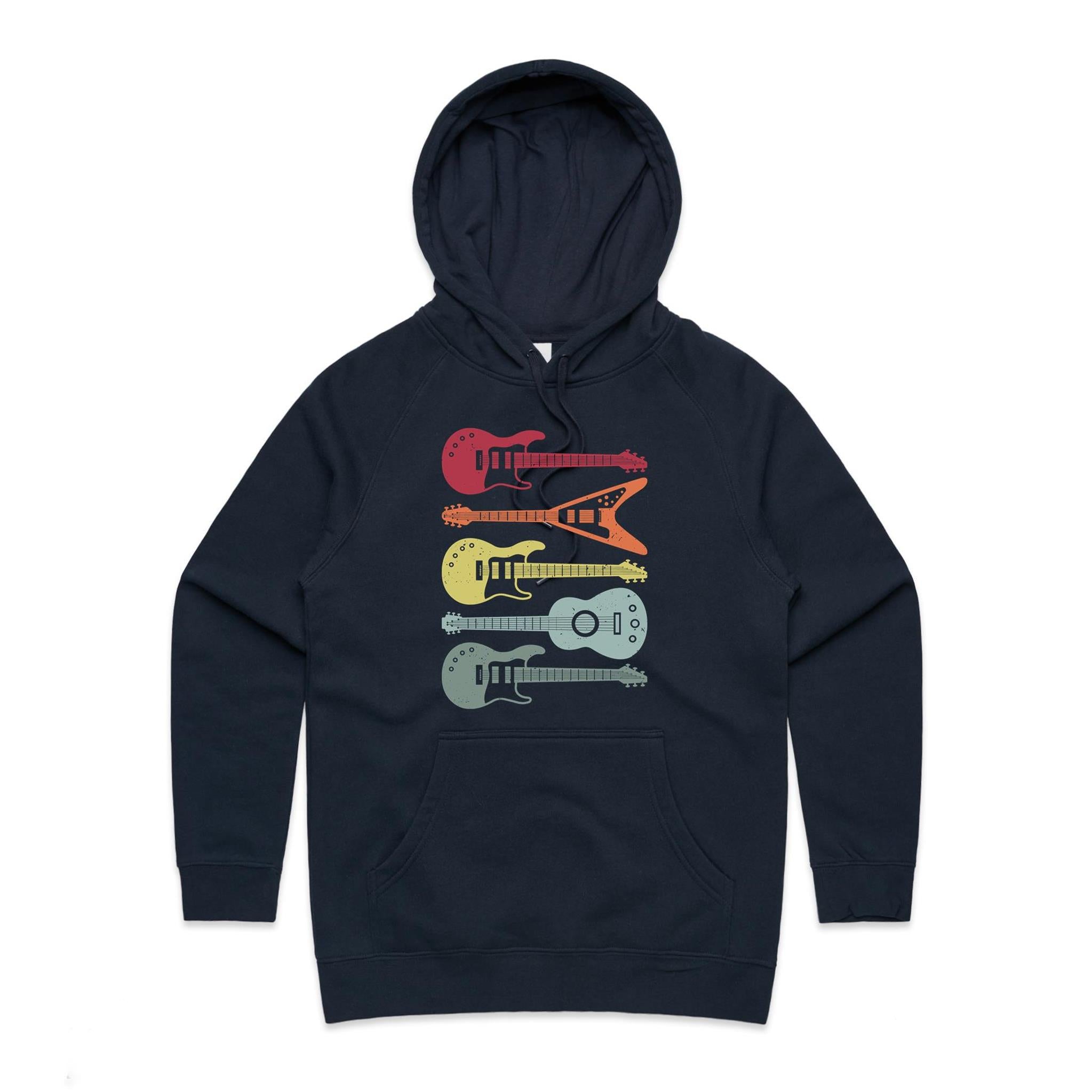 Retro Guitars - Womens Hoodie Navy Womens Hoodie Music Printed In Australia