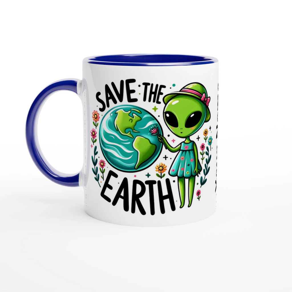 Personalised - Save The Earth, Alien - 11oz Ceramic Mug Ceramic Blue Personalised Mug customise Environment Globally Fulfilled personalise Sci Fi
