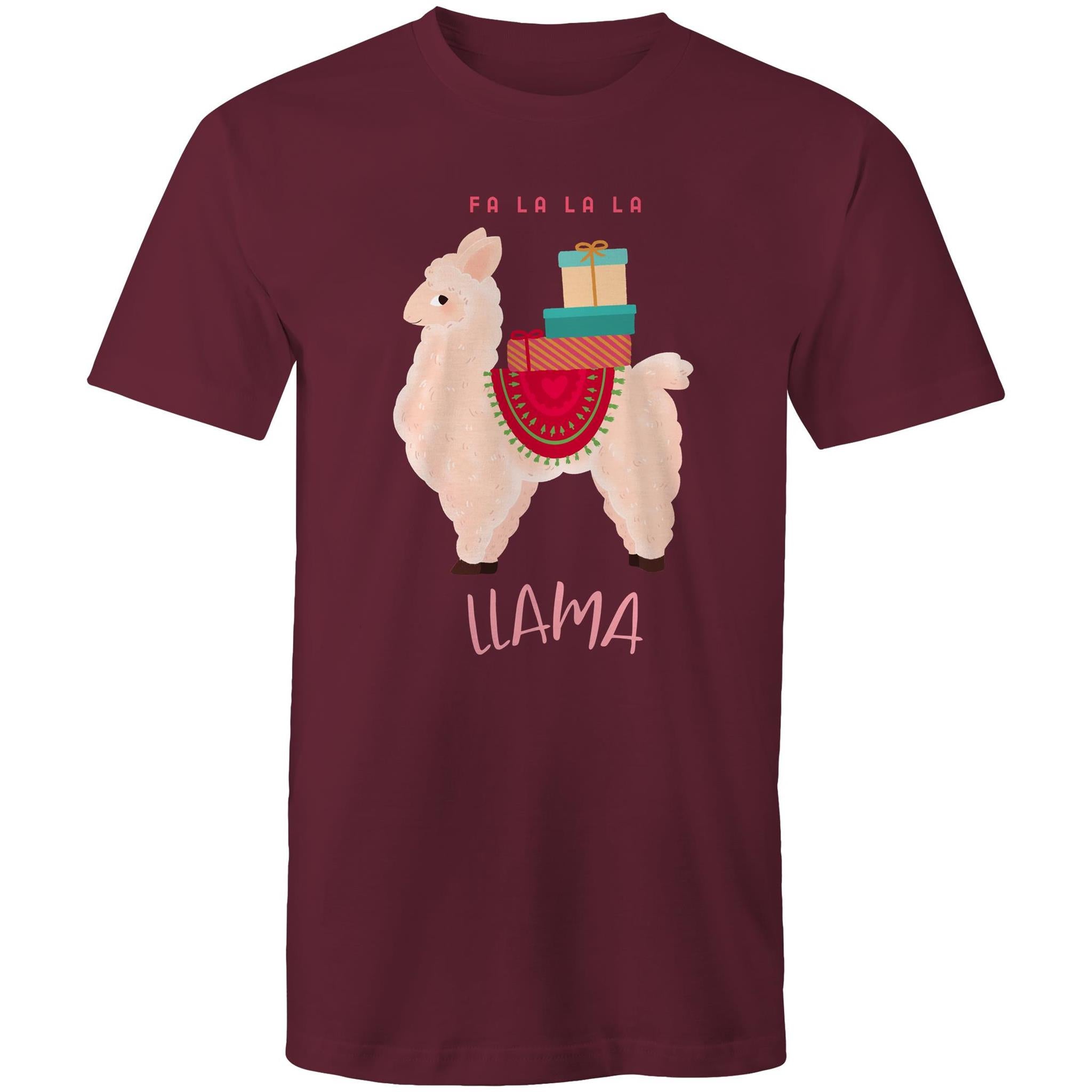 Fa La La La Llama, Christmas - Mens T-Shirt Burgundy Mens Christmas T-shirt Christmas Printed In Australia