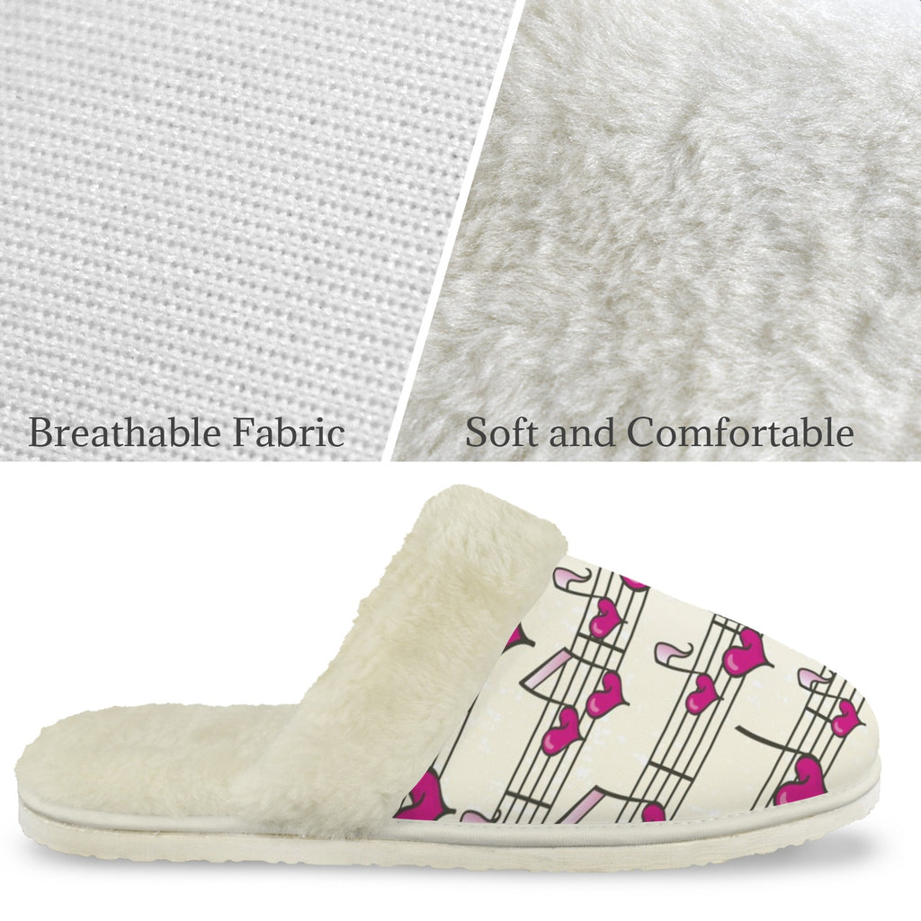 Pink Heart Music Notes Women's Fur Trim Thick-Sole Indoor Slippers Women's Fur Trimmed Slippers Music Printed Offshore