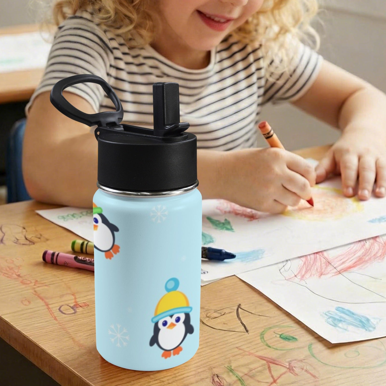 Winter Penguins 12oz Kids Water Bottle with Straw Lid