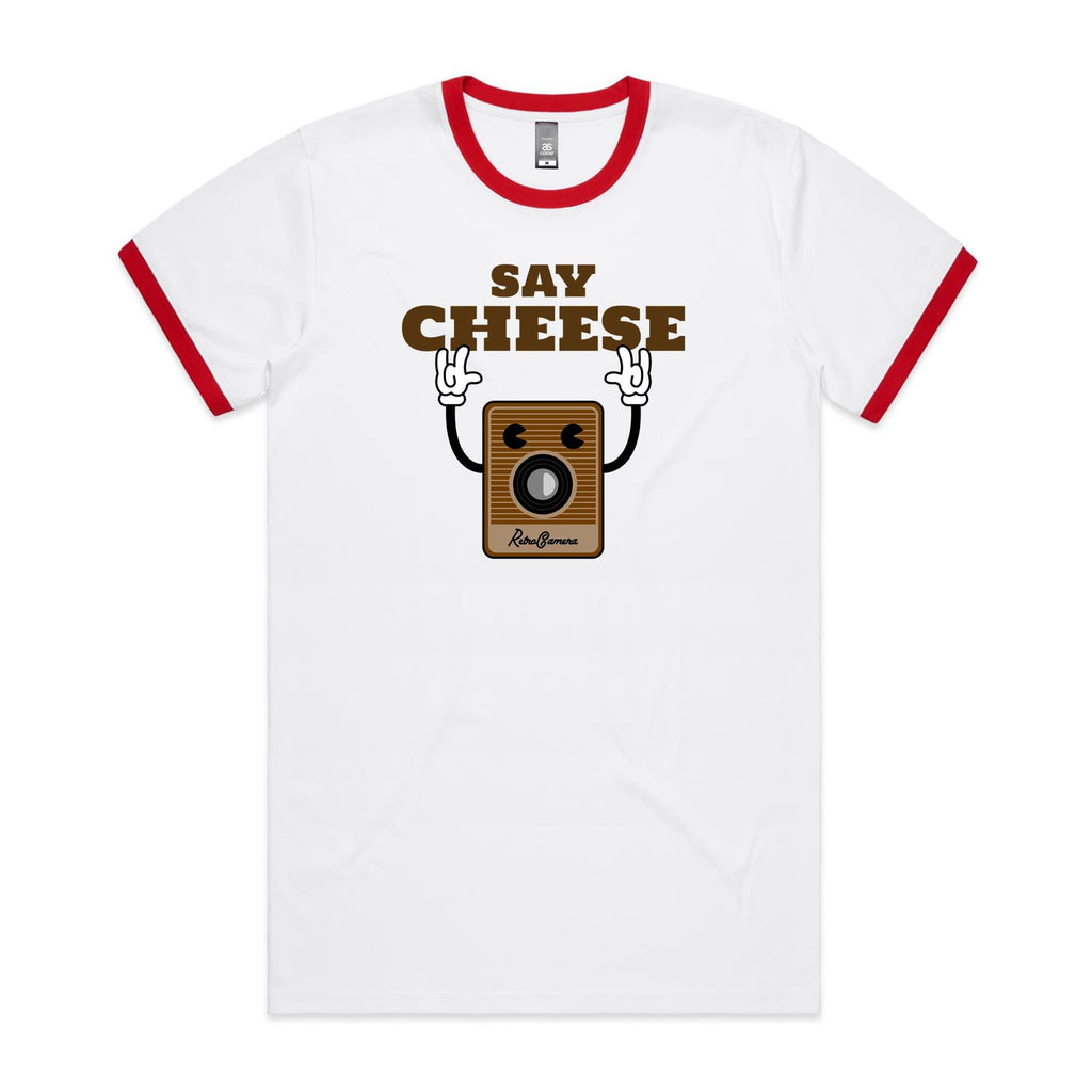 Say Cheese, Retro Camera - Staple Ringer Tee White Red Ringer T-Shirt Printed In Australia Retro