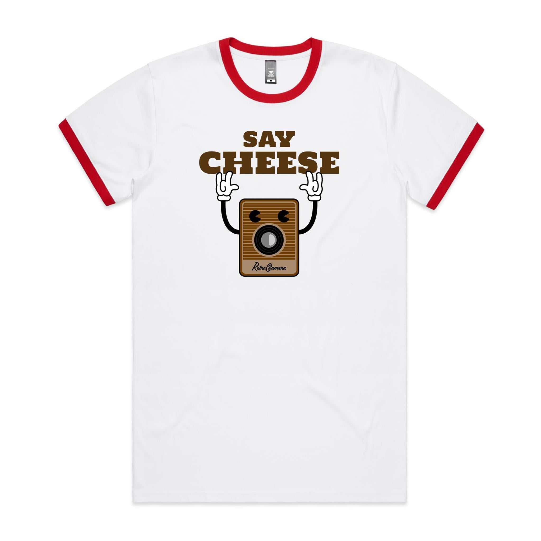 Say Cheese, Retro Camera - Staple Ringer Tee White Red Ringer T-Shirt Printed In Australia Retro