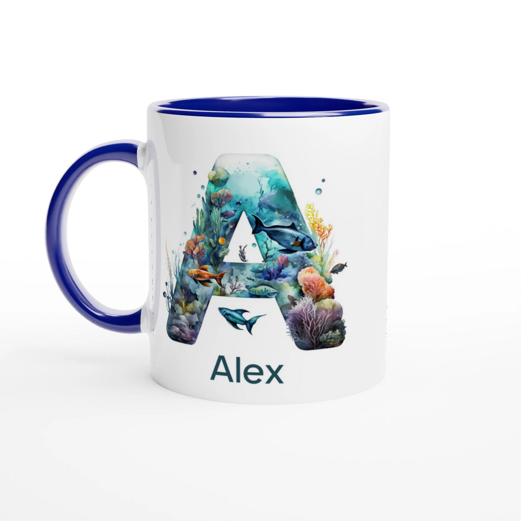 Coral Sea Initial 11oz Ceramic Mug Ceramic Blue Personalised 11oz Mug customise Globally Fulfilled Initial Name Ocean personalise